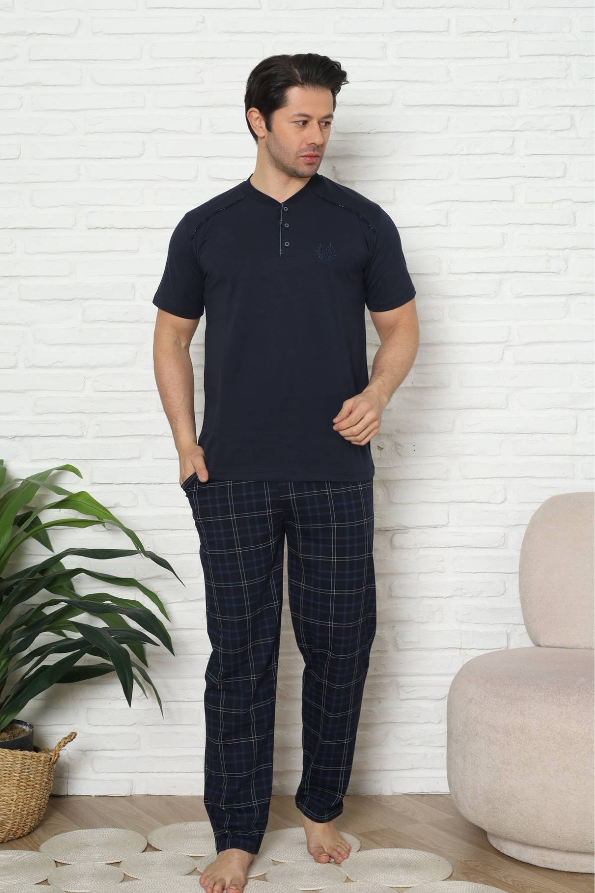 Erkek Pijama Takımı - Lacivert Kareli Kısa Kollu Penye 1227KY