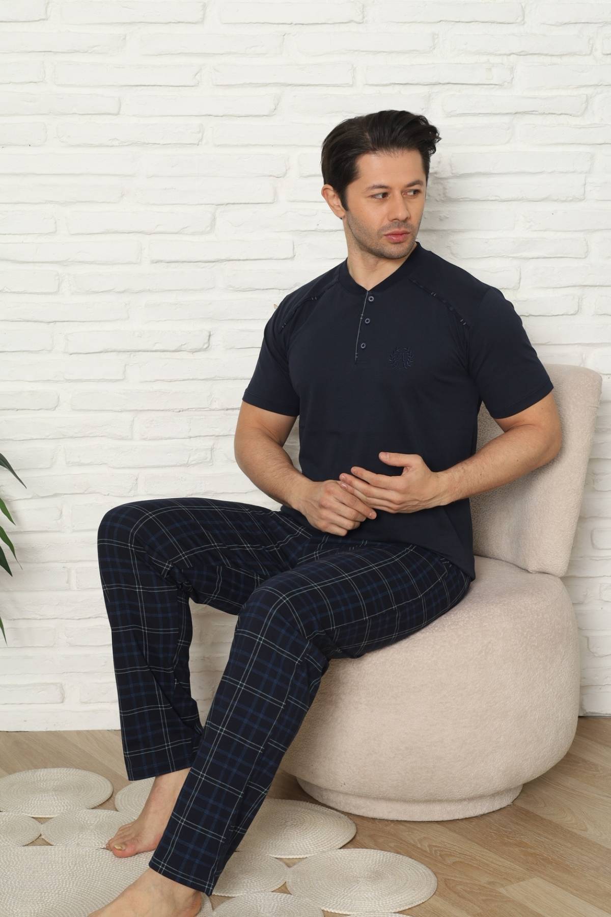 Erkek Pijama Takımı - Lacivert Kareli Kısa Kollu Penye 1227KY