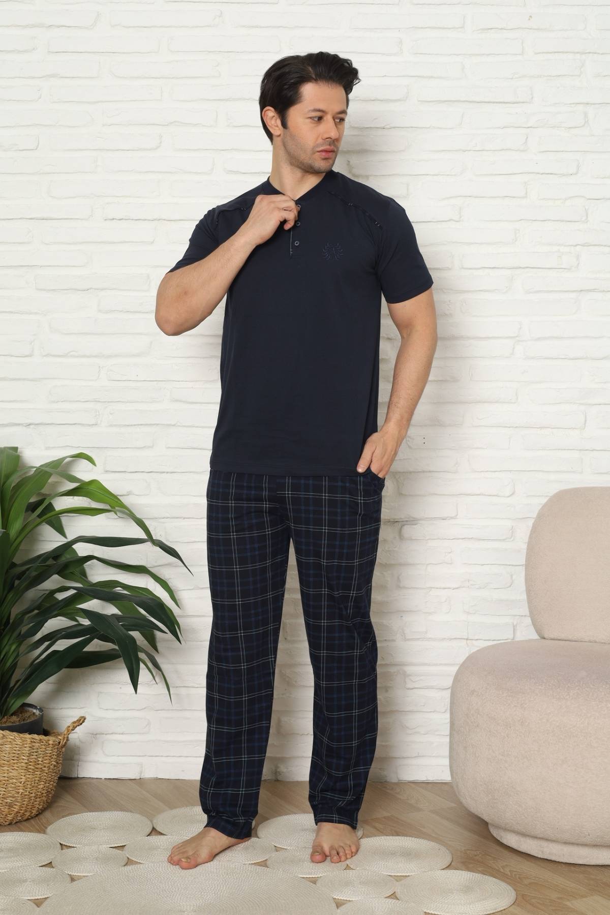Erkek Pijama Takımı - Lacivert Kareli Kısa Kollu Penye 1227KY