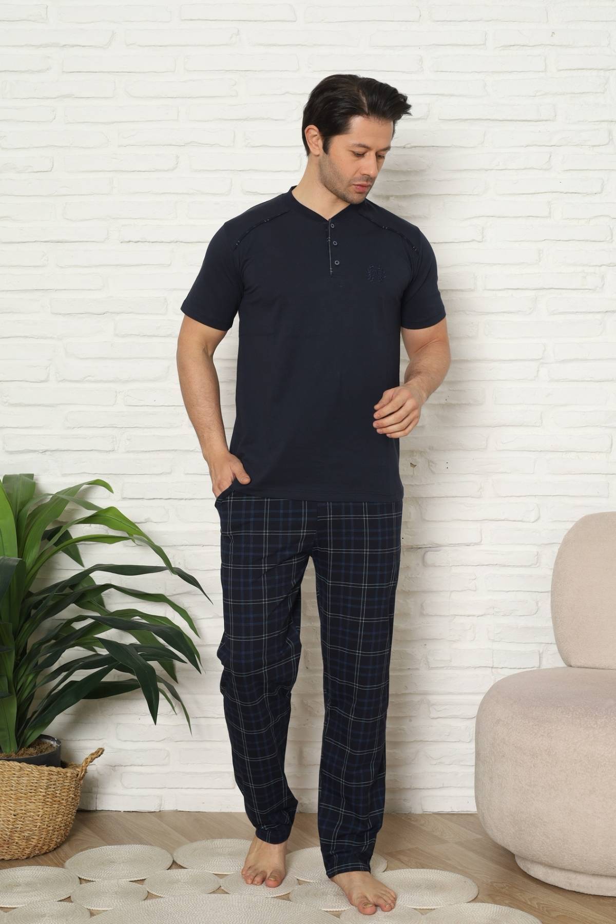Erkek Pijama Takımı - Lacivert Kareli Kısa Kollu Penye 1227KY