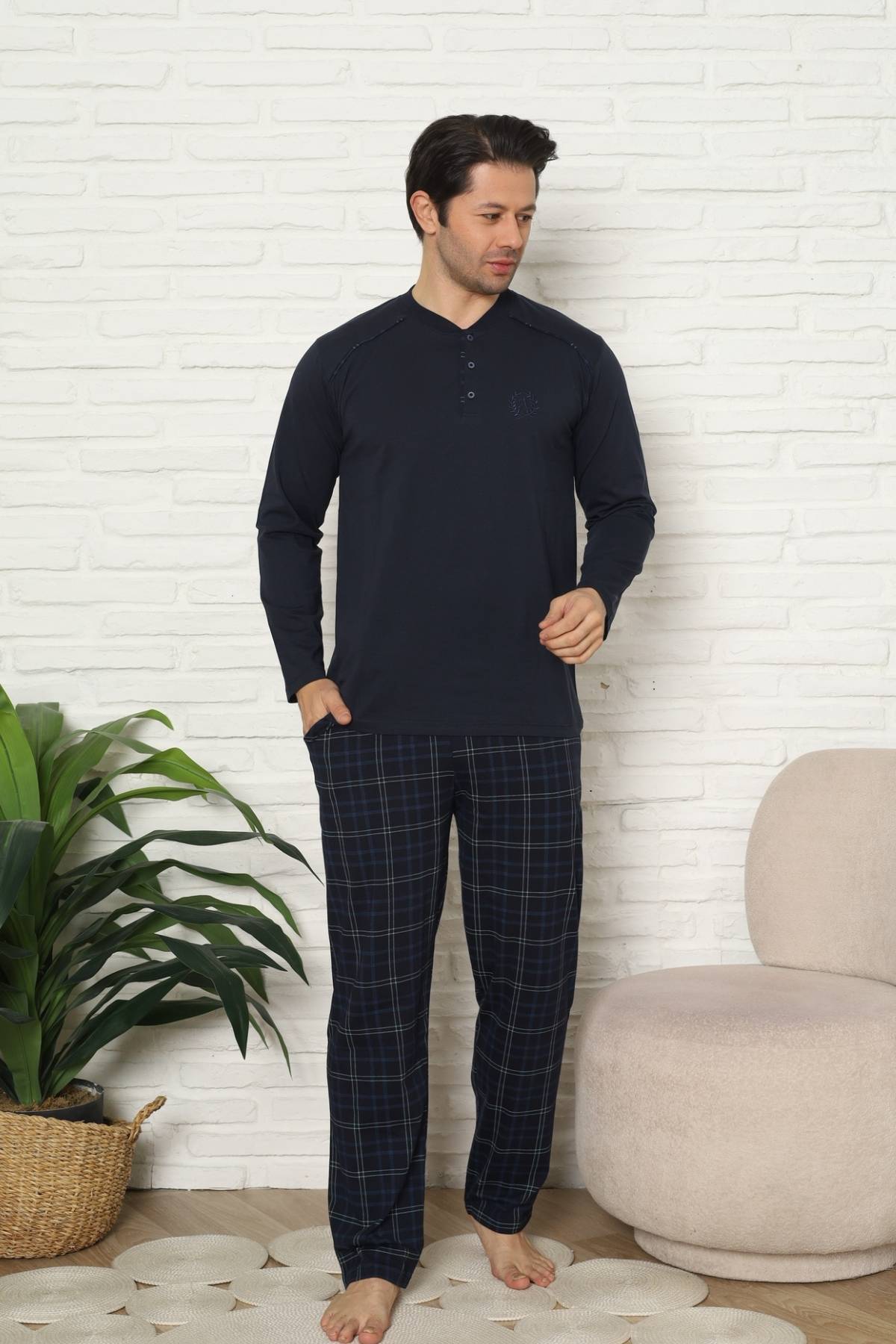 Erkek Pijama Takımı - Lacivert Kareli Uzun Kollu Penye 1227UY