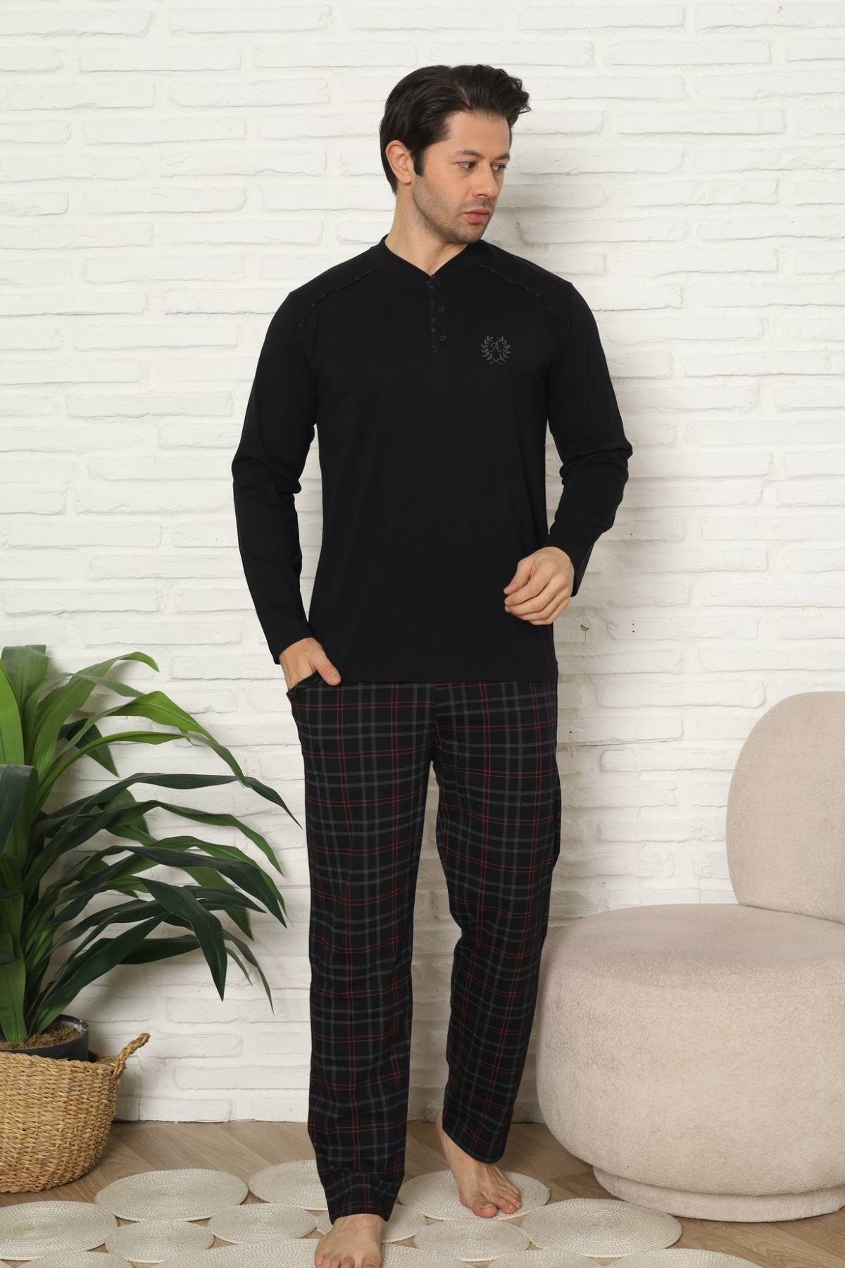 Erkek Pijama Takımı - Siyah Kareli Uzun Kollu Penye 1227UY