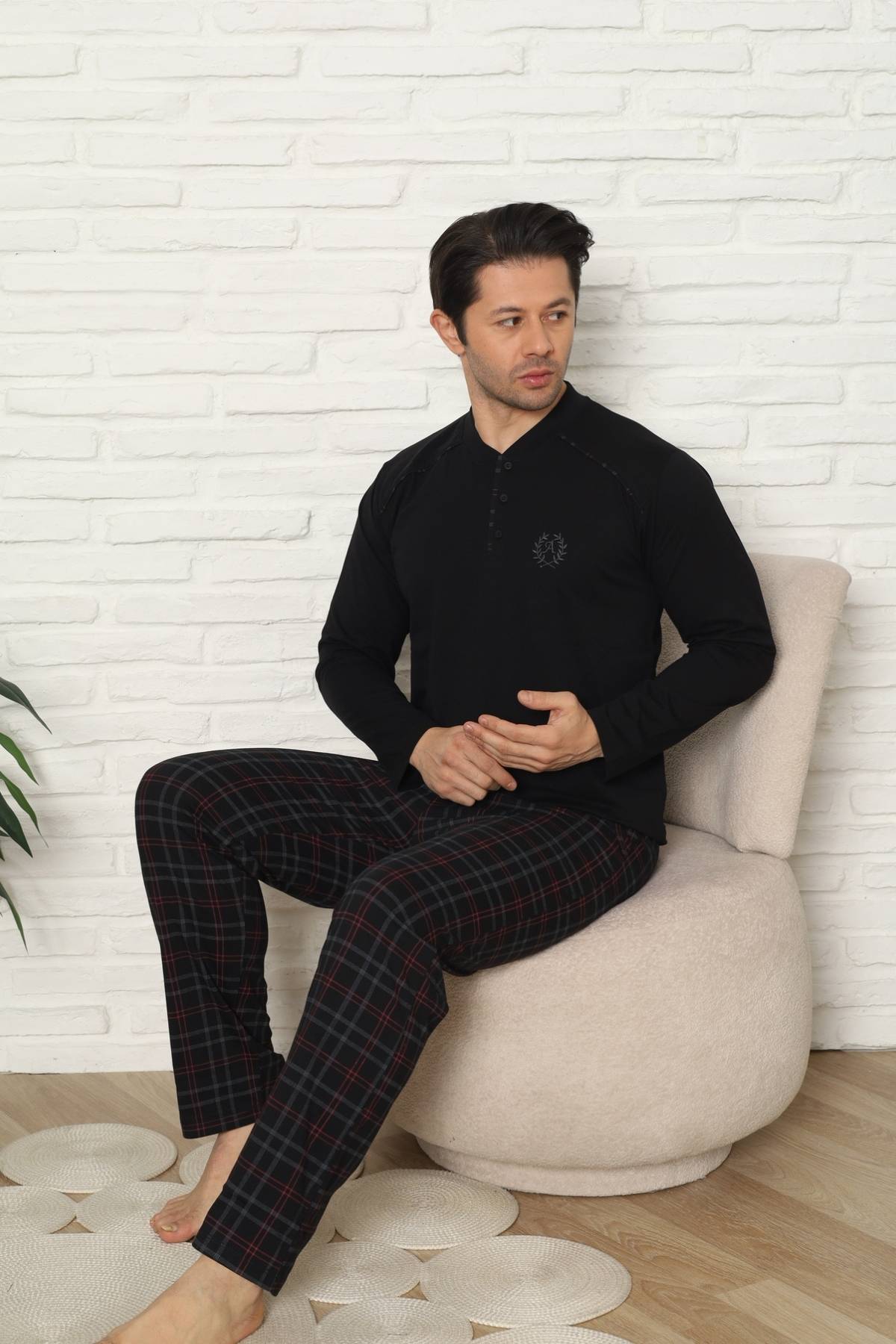 Erkek Pijama Takımı - Siyah Kareli Uzun Kollu Penye 1227UY