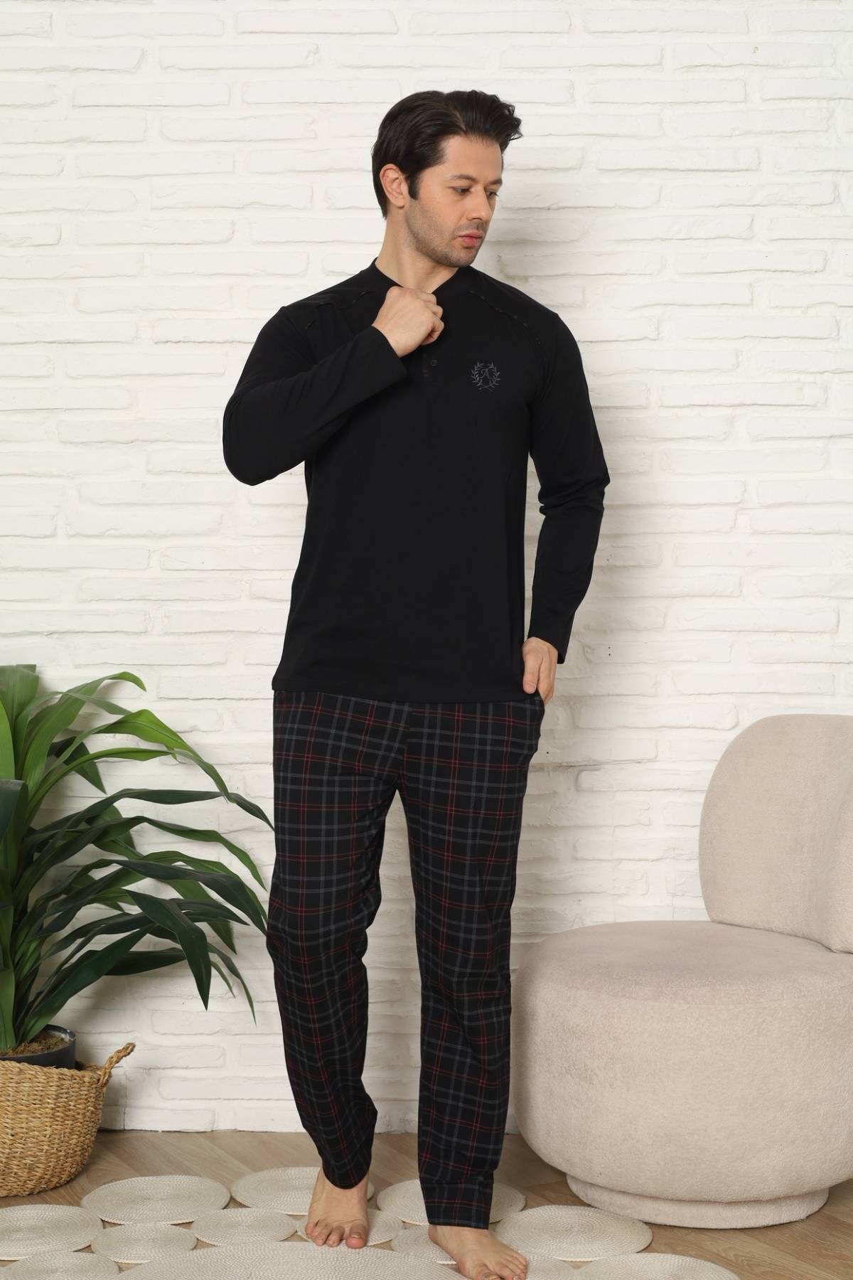 Erkek Pijama Takımı - Siyah Kareli Uzun Kollu Penye 1227UY