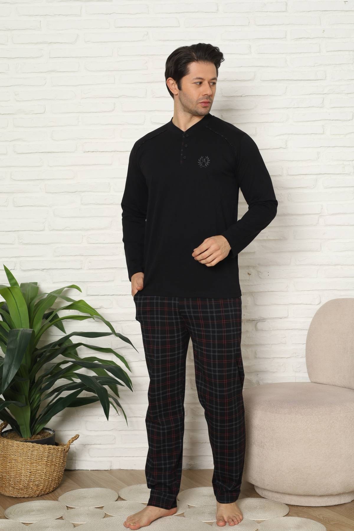 Erkek Pijama Takımı - Siyah Kareli Uzun Kollu Penye 1227UY