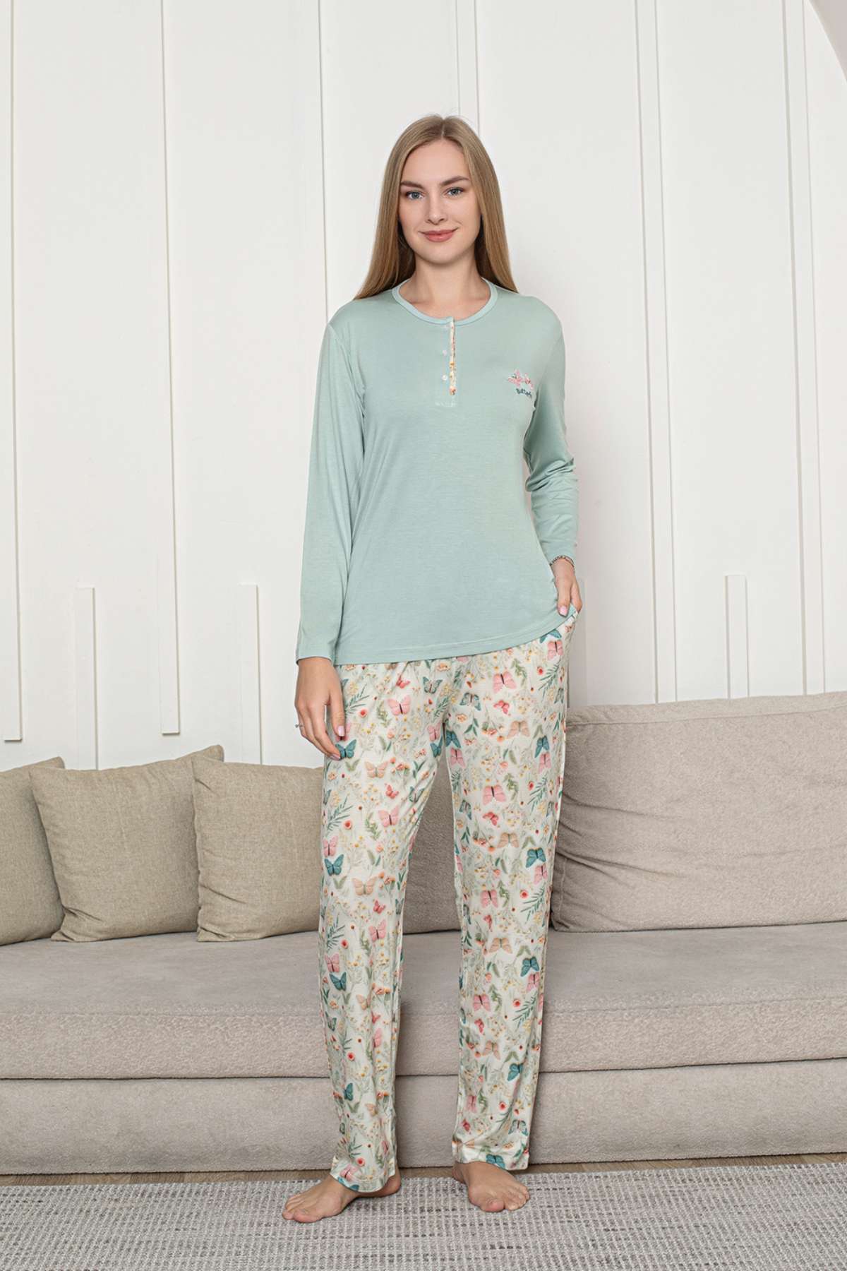 Kadın Pijama Takımı - Yeşil 3D Kelebek Desenli Uzun Kol Likralı Viskon 2876UY