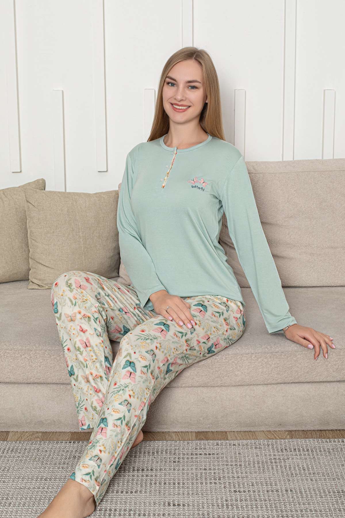 Kadın Pijama Takımı - Yeşil 3D Kelebek Desenli Uzun Kol Likralı Viskon 2876UY