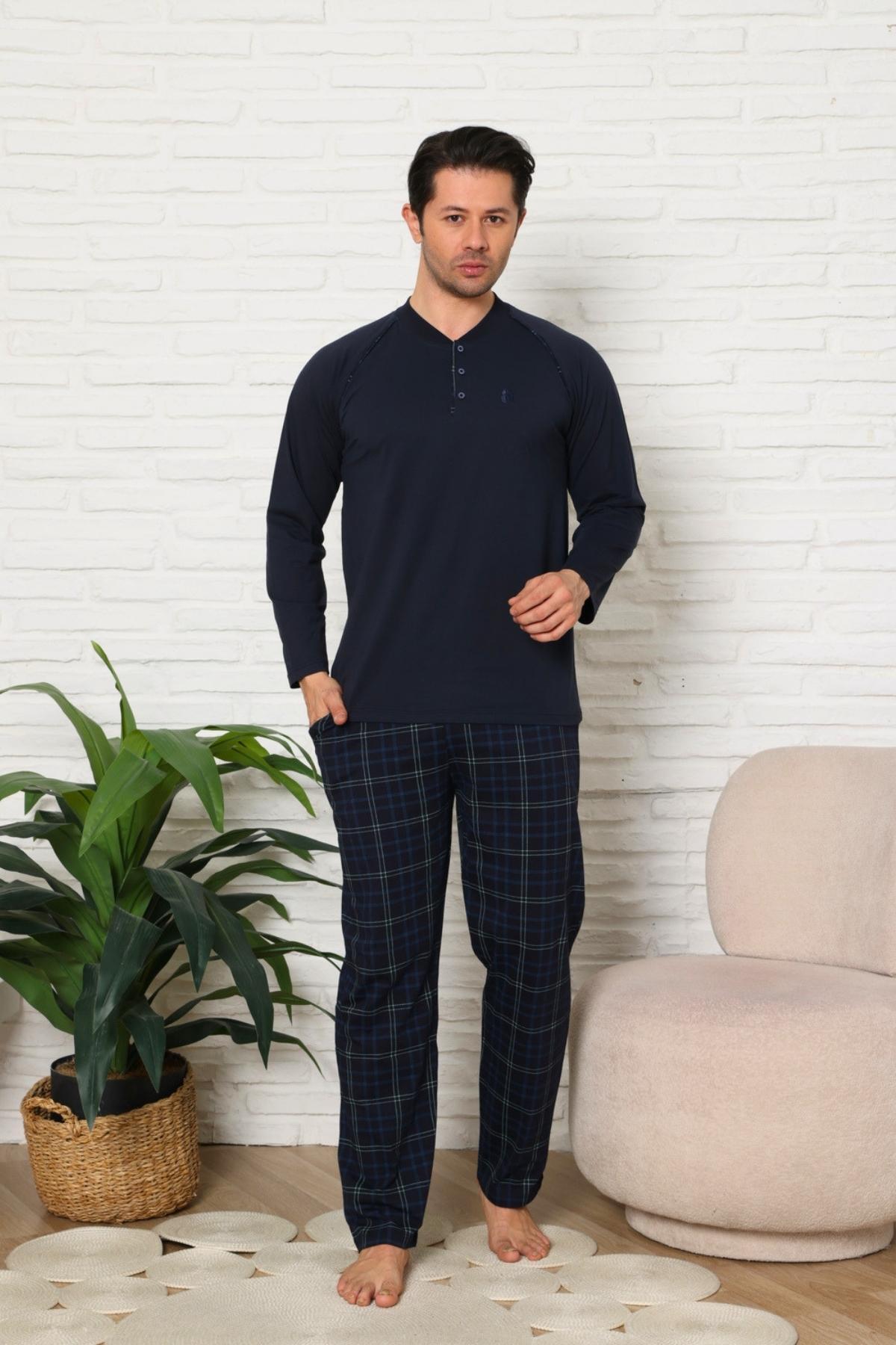 Erkek Pijama Takımı - Lacivert Ekoseli Uzun Kollu Penye 1224UY