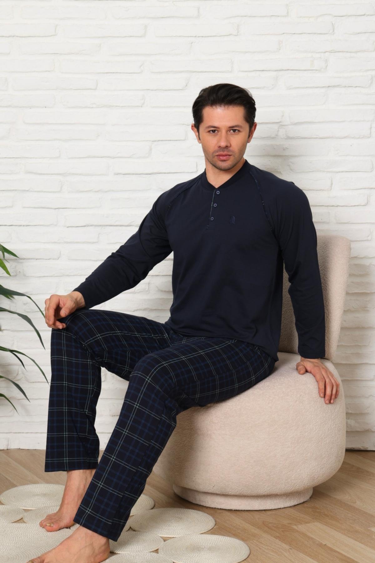 Erkek Pijama Takımı - Lacivert Ekoseli Uzun Kollu Penye 1224UY