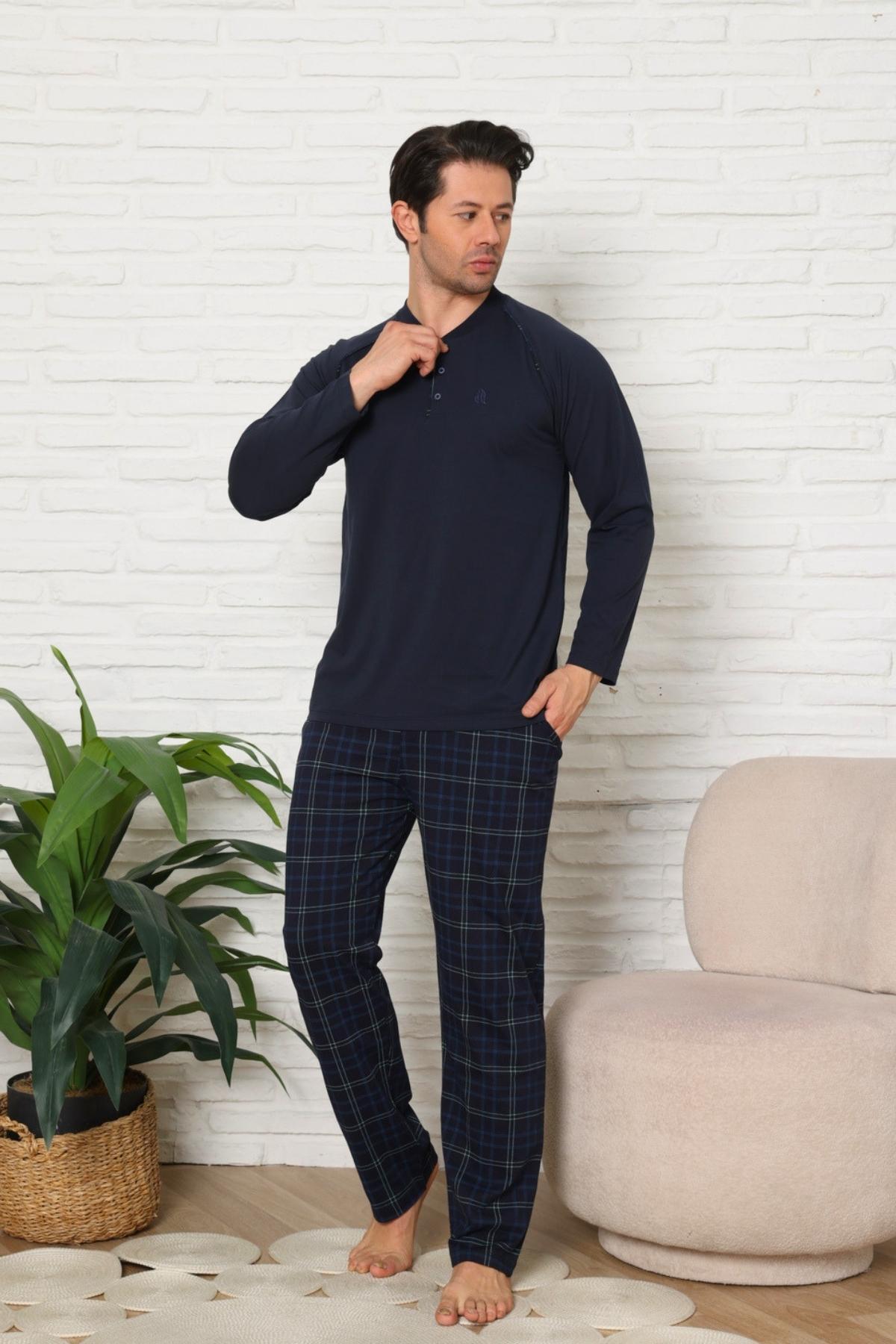 Erkek Pijama Takımı - Lacivert Ekoseli Uzun Kollu Penye 1224UY