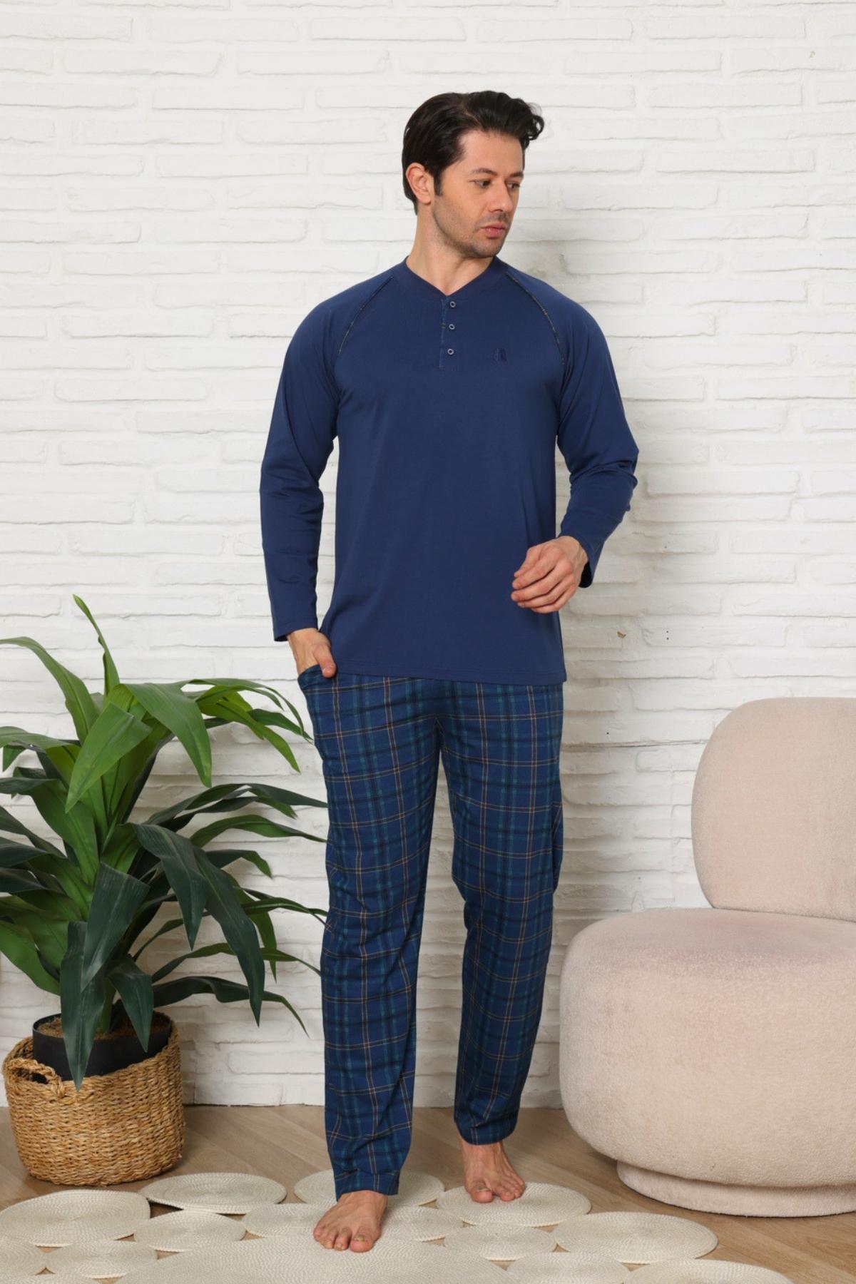 Erkek Pijama Takımı - İndigo Ekoseli Uzun Kollu Penye 1224UY