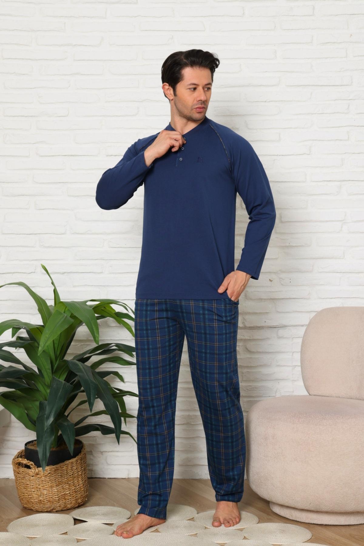 Erkek Pijama Takımı - İndigo Ekoseli Uzun Kollu Penye 1224UY
