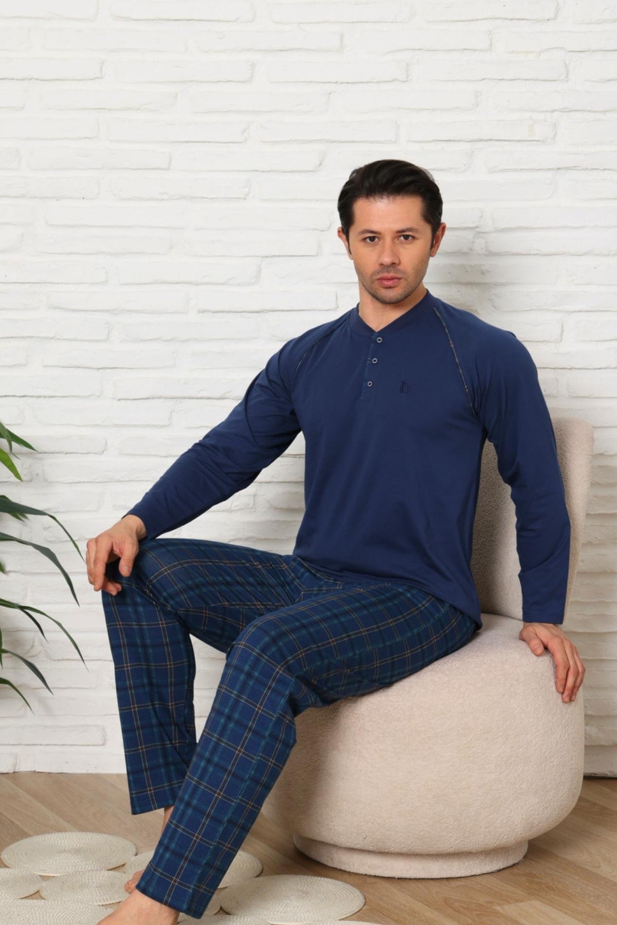 Erkek Pijama Takımı - İndigo Ekoseli Uzun Kollu Penye 1224UY