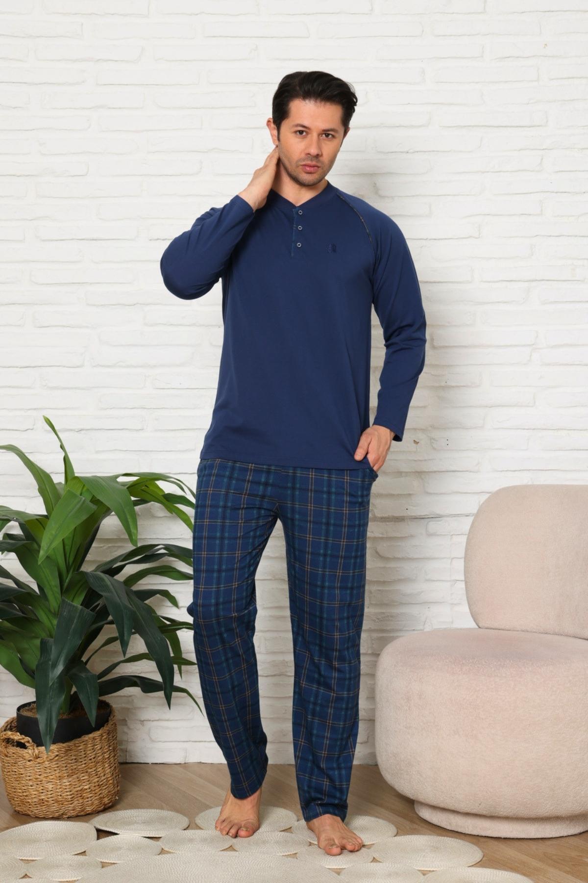 Erkek Pijama Takımı - İndigo Ekoseli Uzun Kollu Penye 1224UY