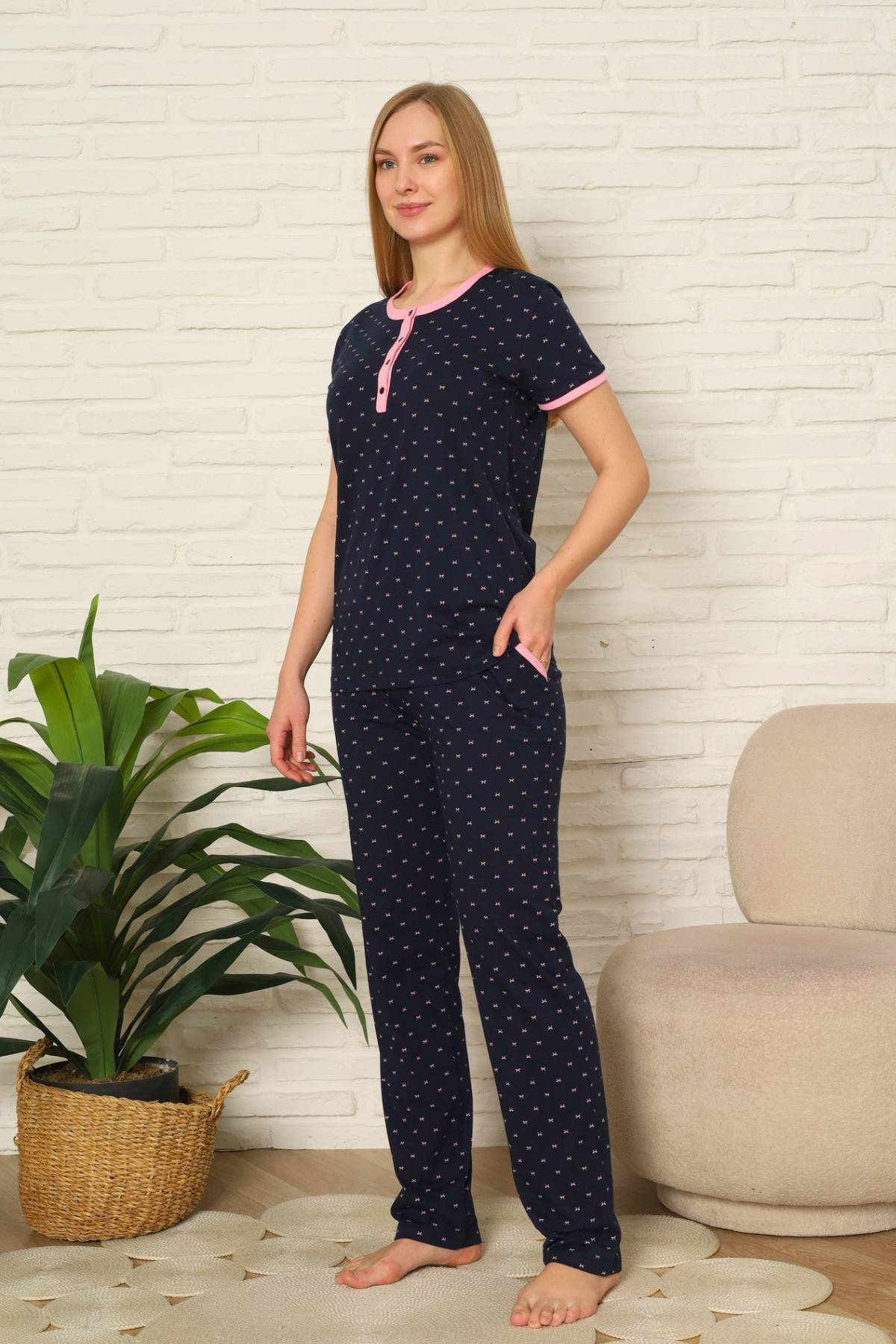 Bayan Pijama Takım - Fiyonk baskılı Kısa Kol Penye 2801KY