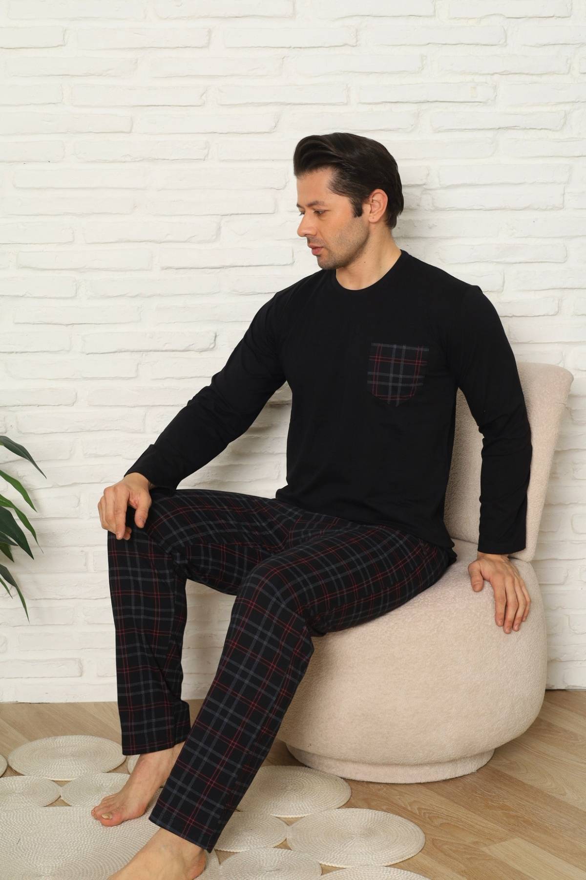 Erkek Pijama Takımı - Siyah Kareli Uzun Kollu Penye 1223UY