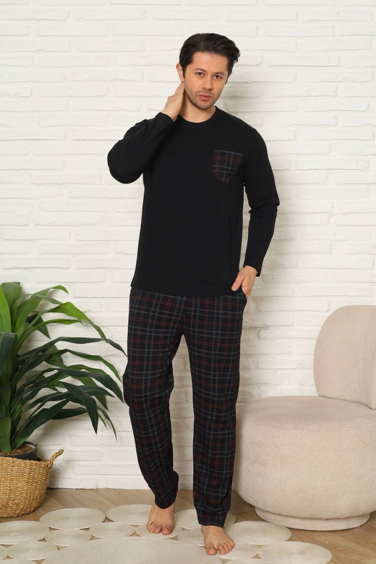 Erkek Pijama Takımı - Siyah Kareli Uzun Kollu Penye 1223UY