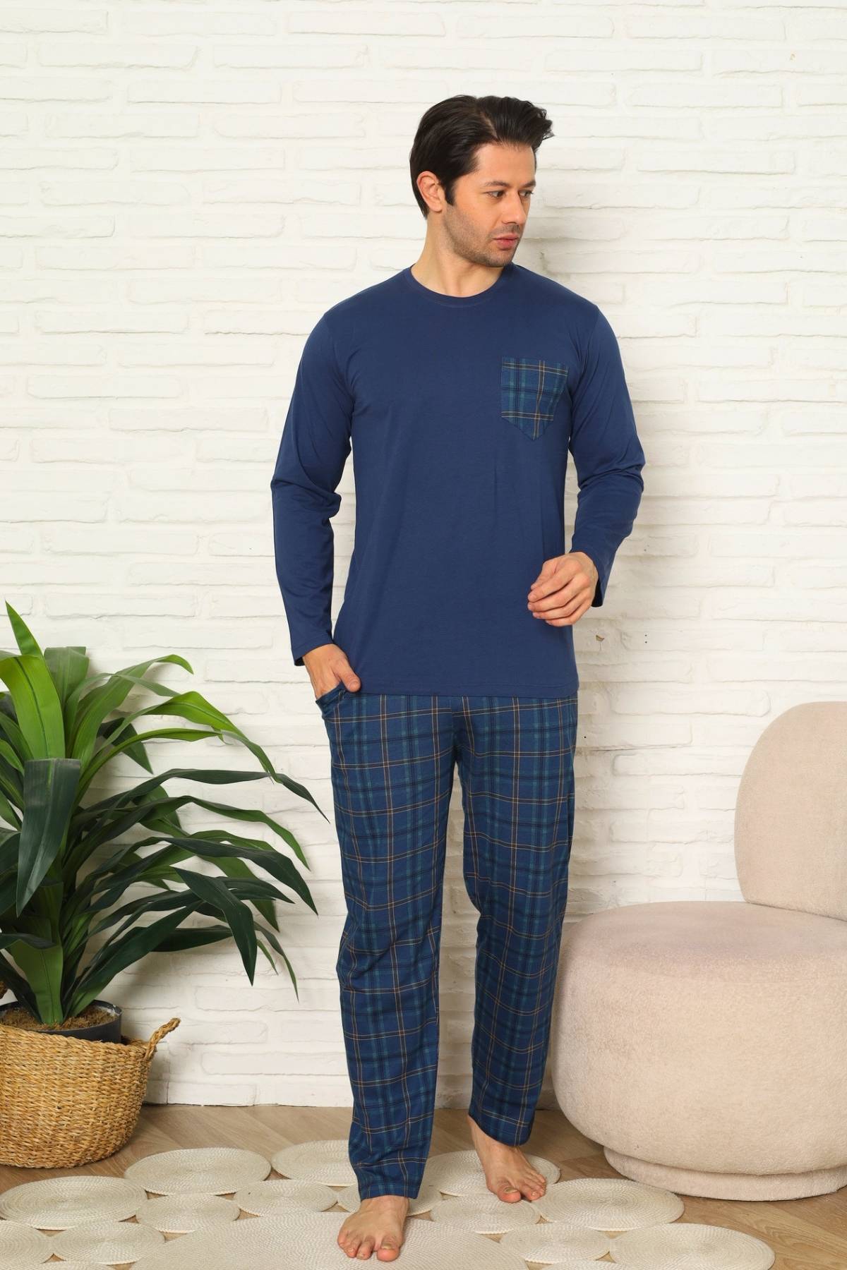 Erkek Pijama Takımı - İndigo Kareli Uzun Kollu Penye 1223UY