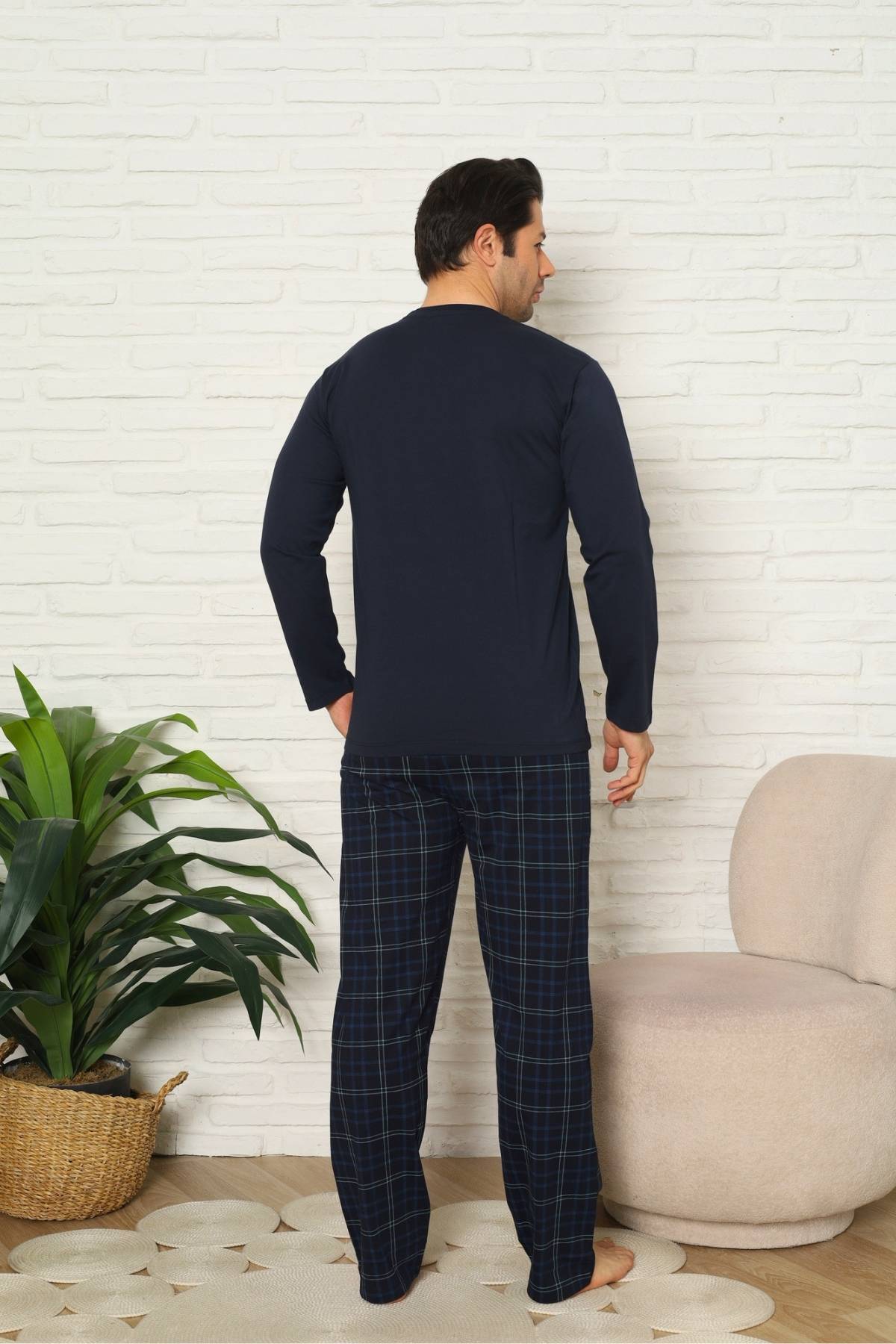 Erkek Pijama Takımı - Lacivert Kareli Uzun Kollu Penye 1223UY