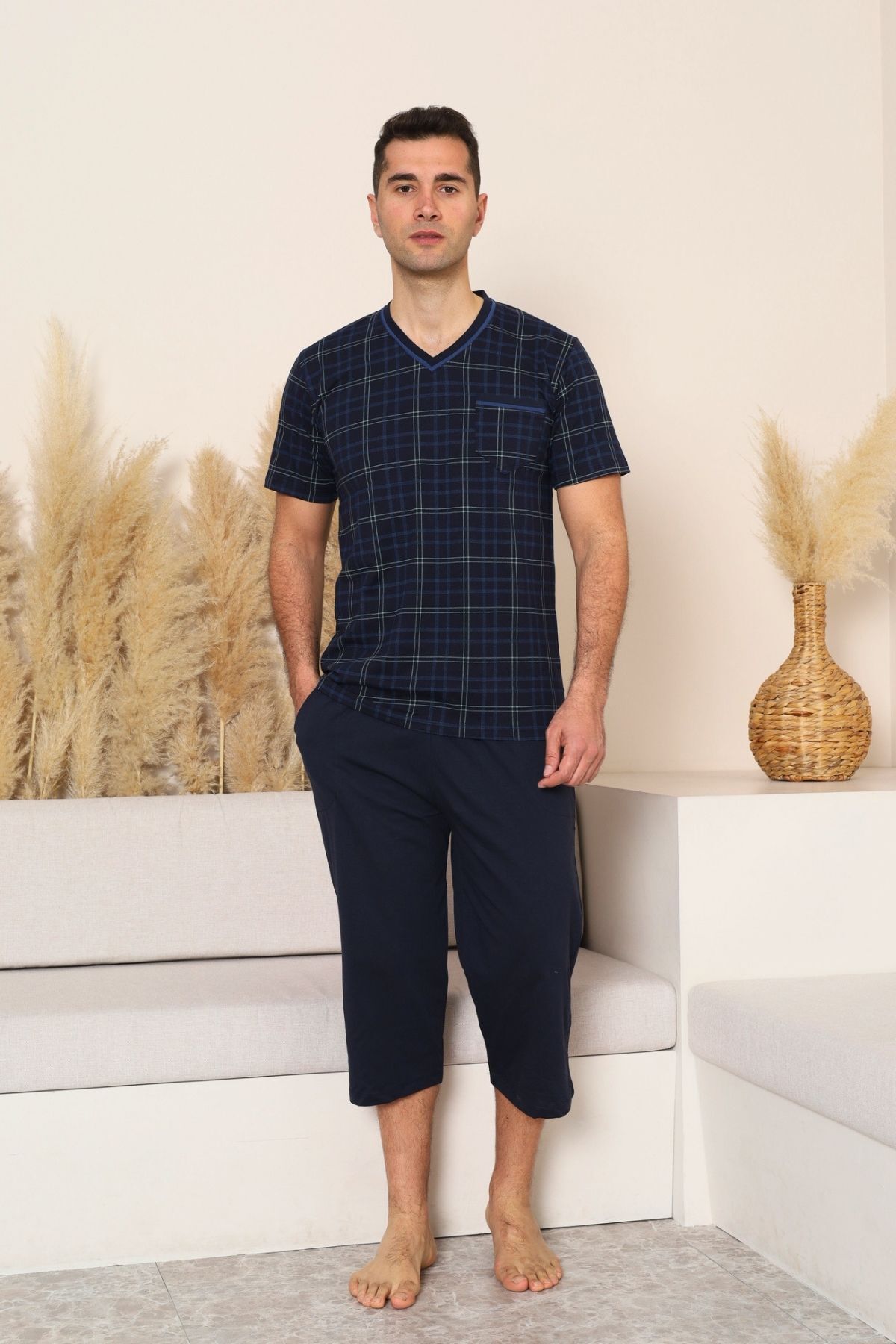 Erkek Pijama Takımı - Lacivert Kareli V Yaka Bermuda Penye 1226B