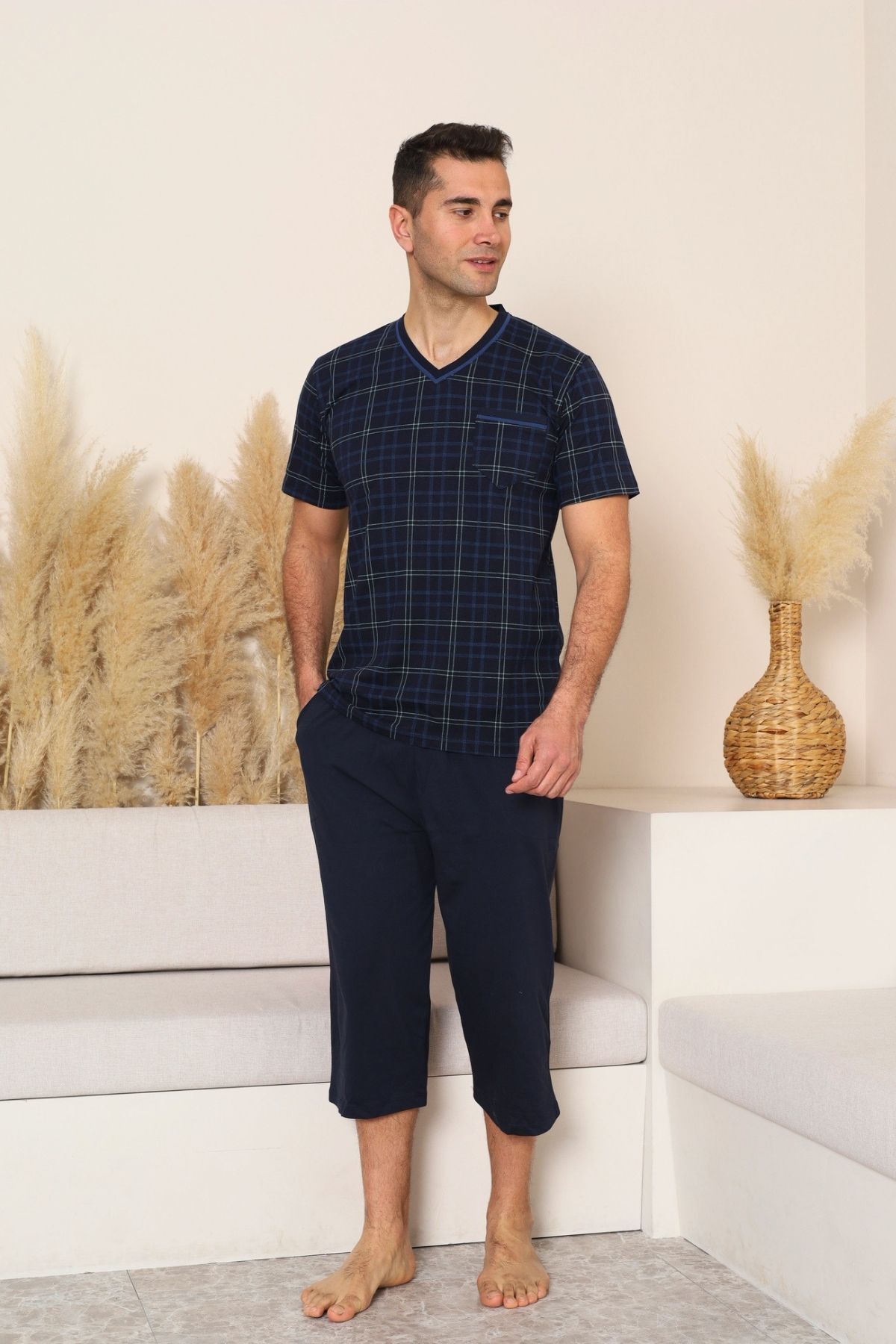 Erkek Pijama Takımı - Lacivert Kareli V Yaka Bermuda Penye 1226B