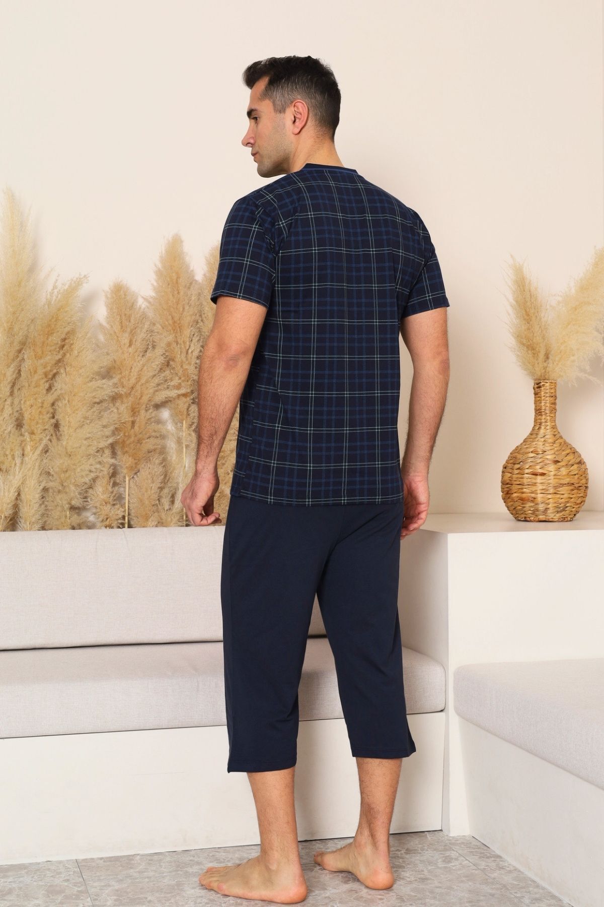 Erkek Pijama Takımı - Lacivert Kareli V Yaka Bermuda Penye 1226B