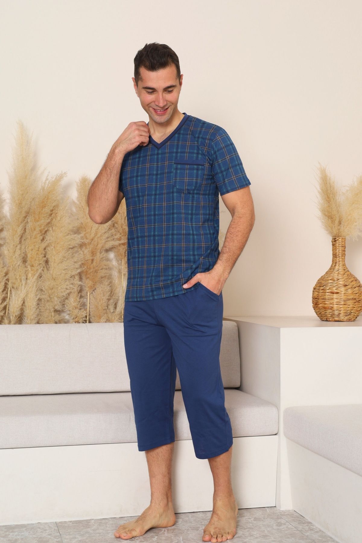 Erkek Pijama Takımı - İndigo Kareli V Yaka Bermuda Penye 1226B