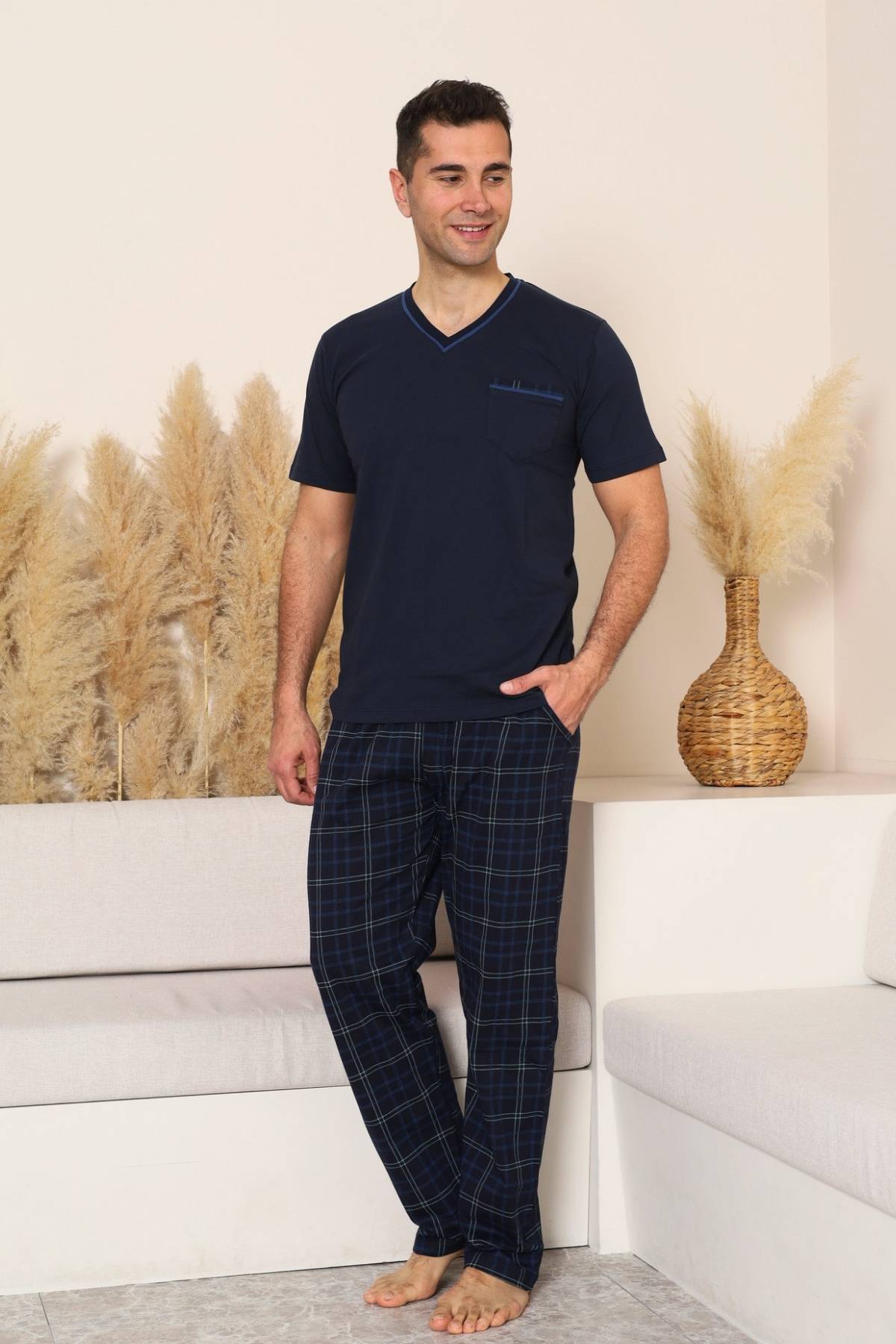 Erkek Pijama Takımı - Lacivert Kareli V Yaka Kısa Kollu Penye 1225KY