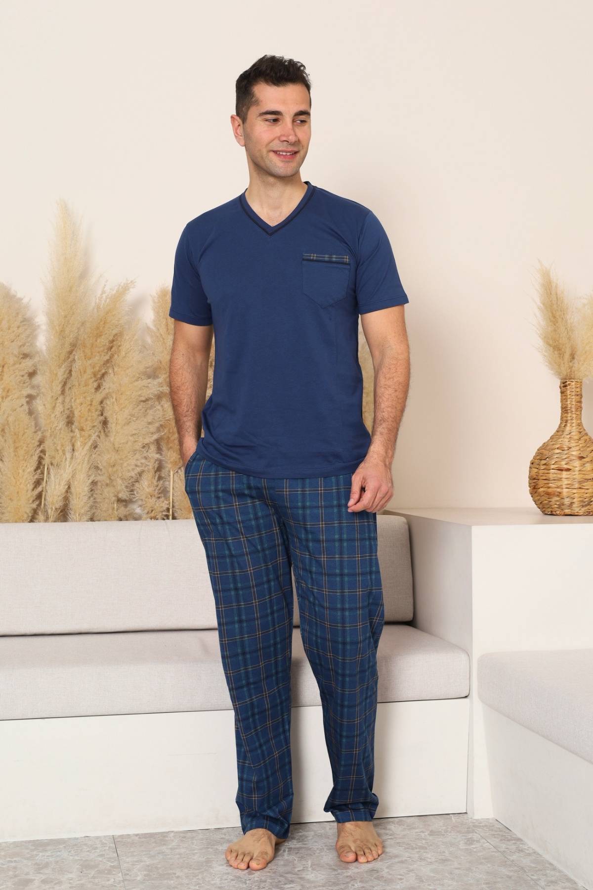 Erkek Pijama Takımı - İndigo Kareli V Yaka Kısa Kollu Penye 1225KY