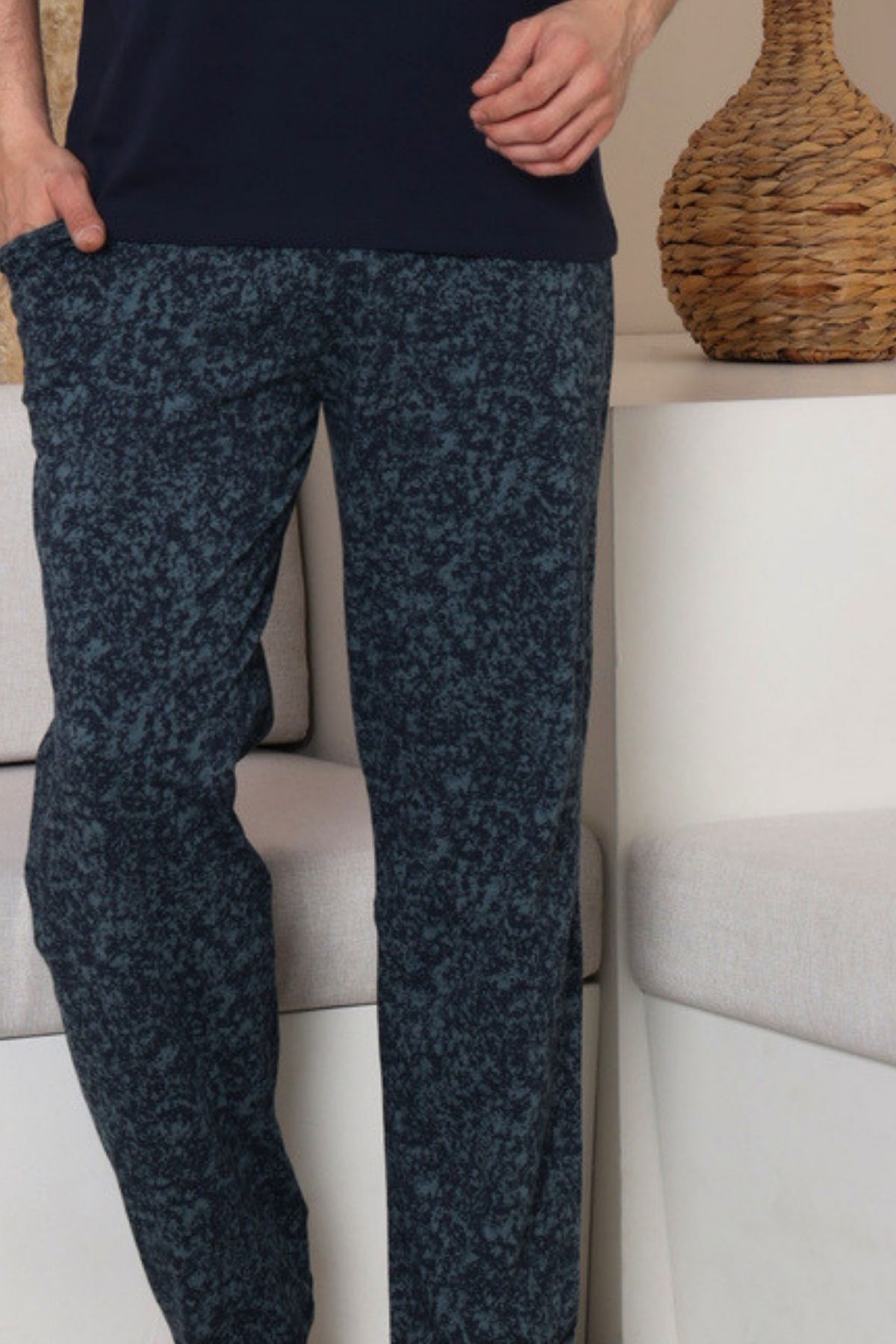 Erkek Pijama Takımı - Yeşil Kamuflaj Desen Likralı Kısa Kollu Penye 1229KYL