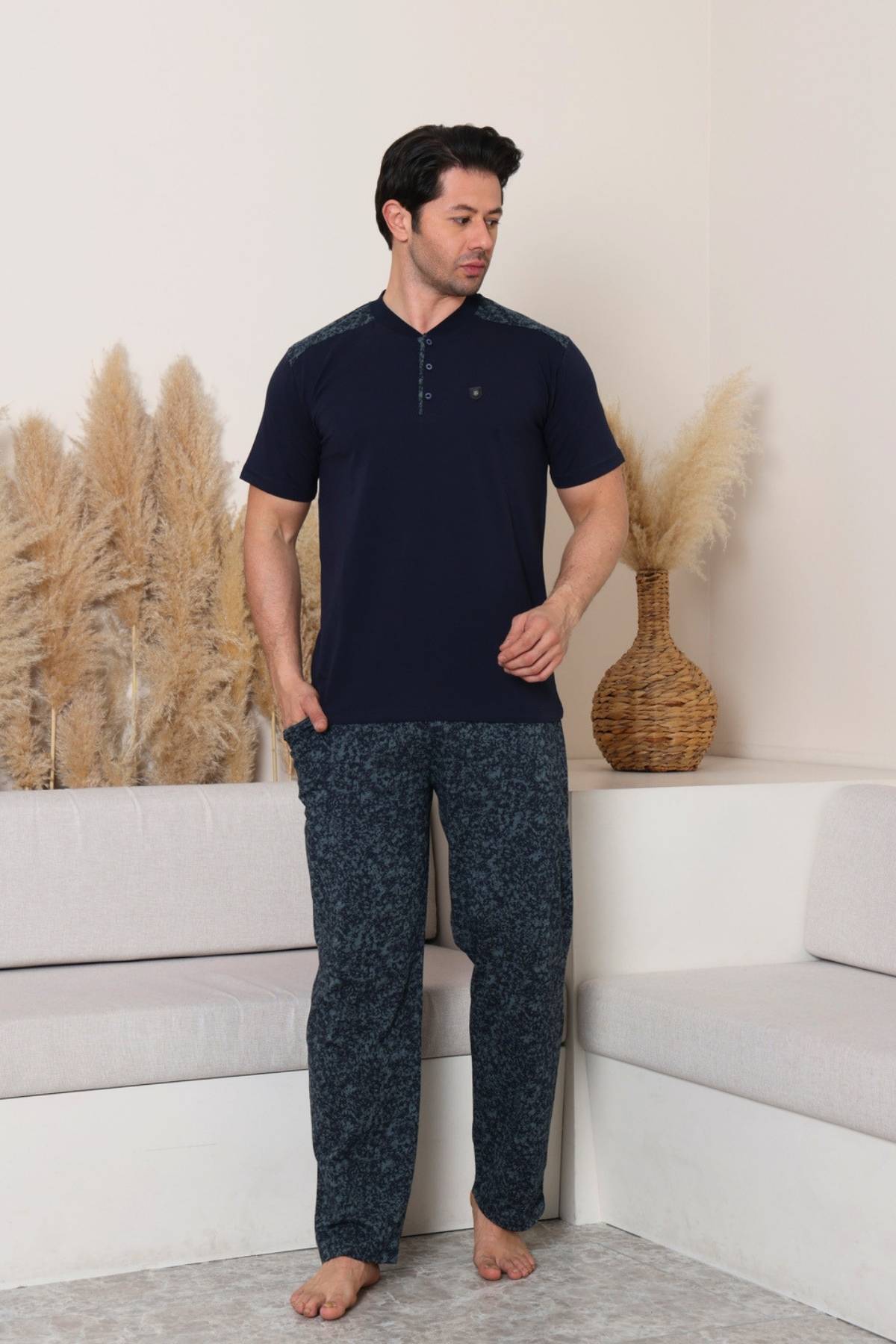 Erkek Pijama Takımı - Yeşil Kamuflaj Desen Likralı Kısa Kollu Penye 1229KYL