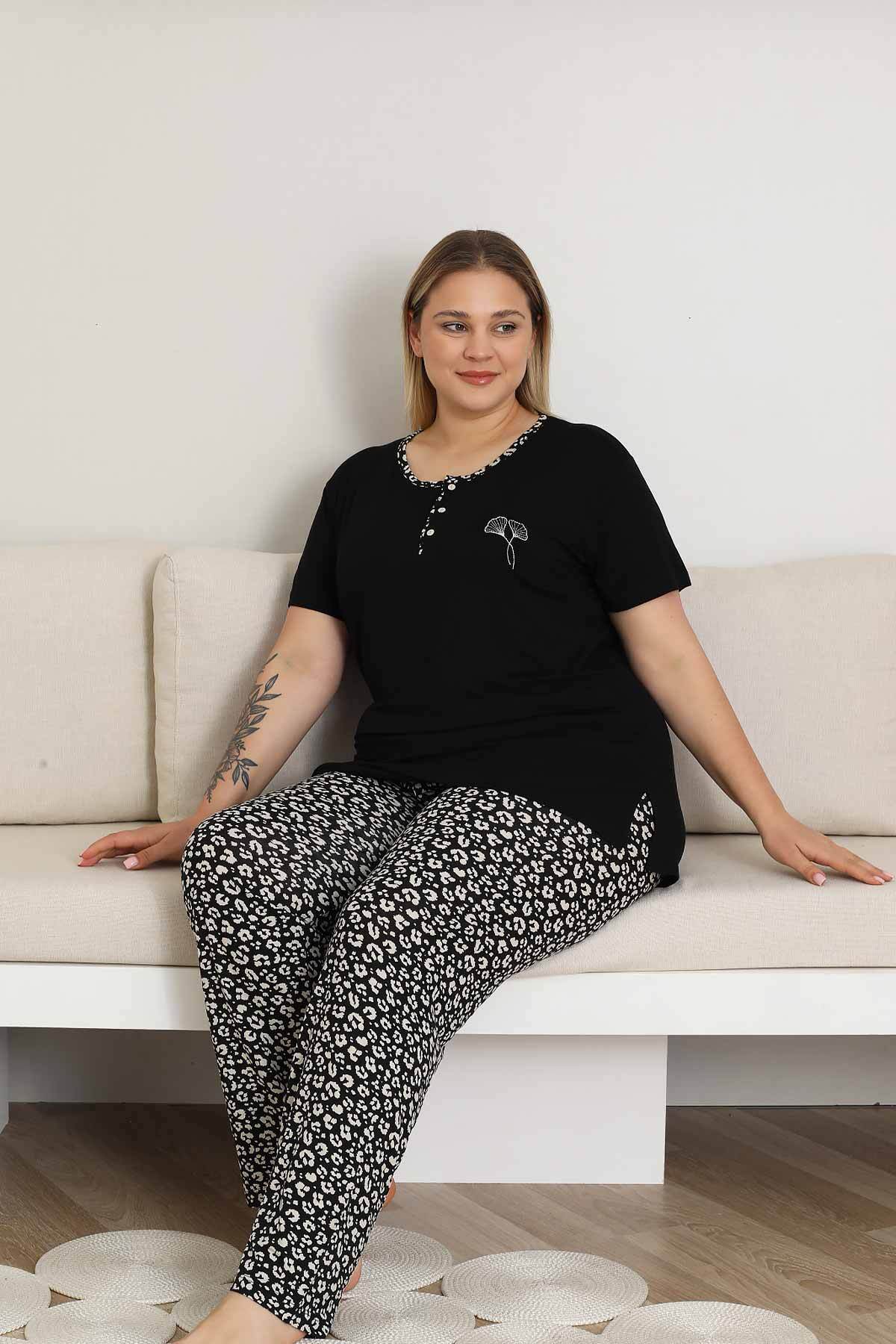 Büyük Beden Kadın Pijama Takımı - Siyah Kısa Kol Likralı 2857KYB