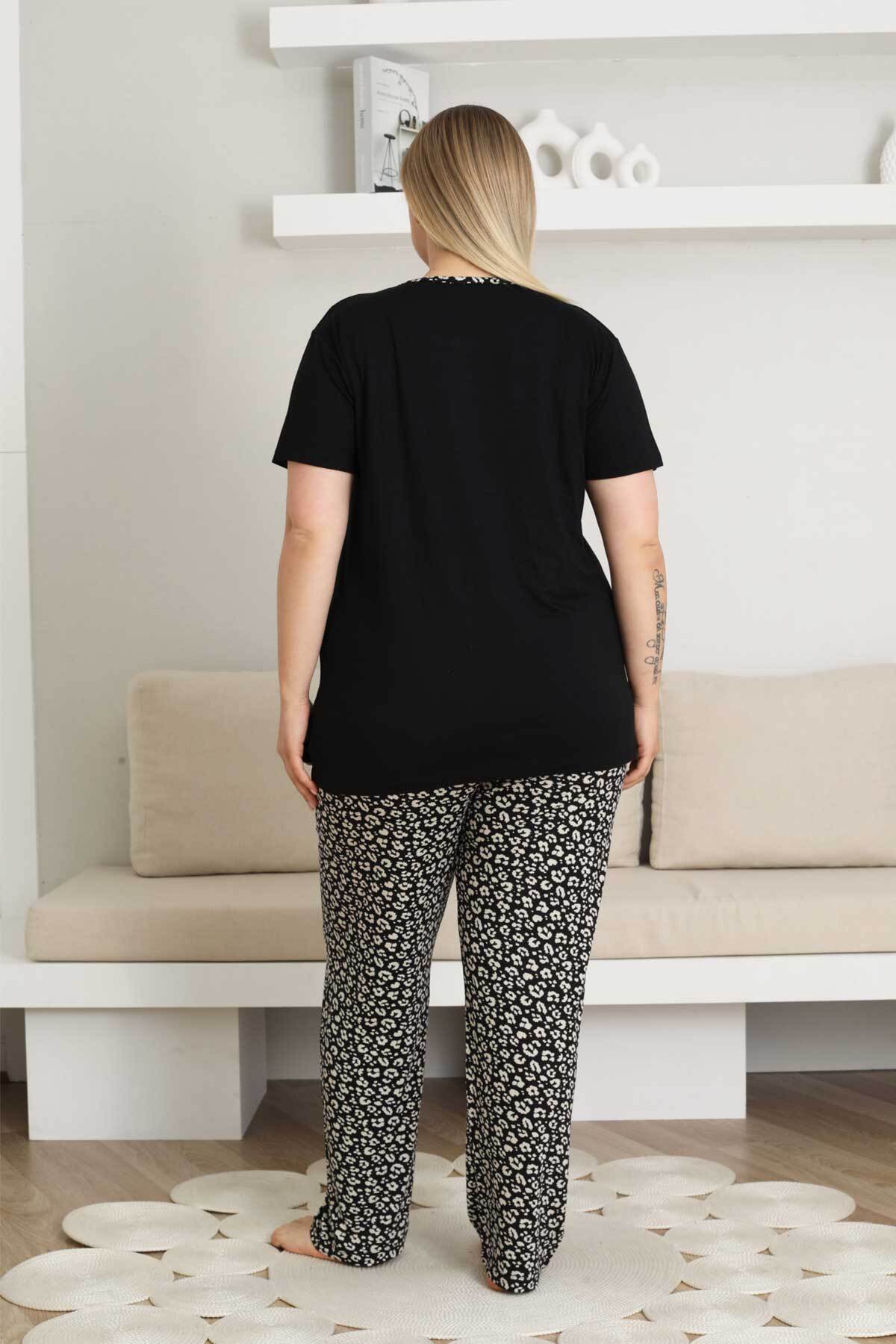Büyük Beden Kadın Pijama Takımı - Siyah Kısa Kol Likralı 2857KYB