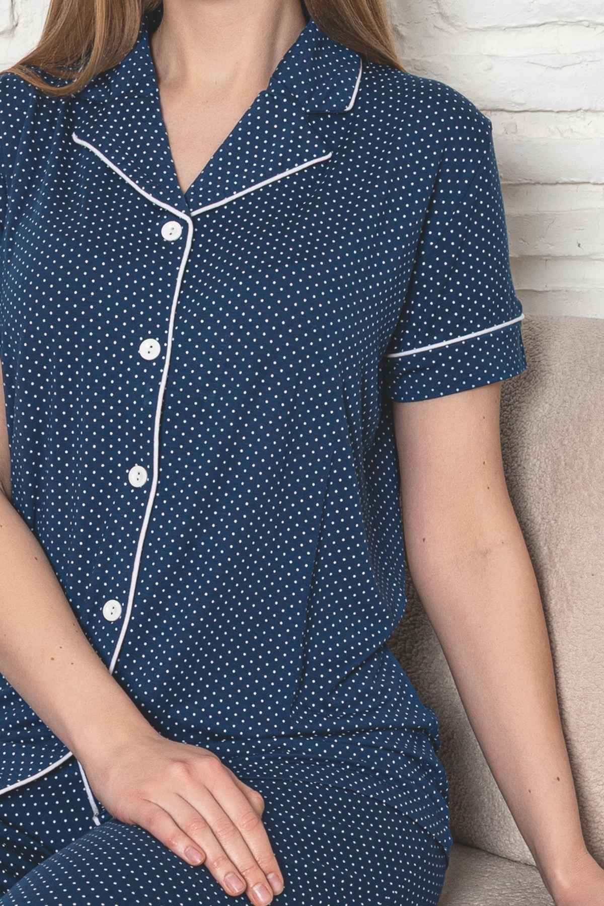 Kadın Pijama Takımı - İndigo Puantiyeli Önden Düğmeli Kısa Kollu Likralı Viskon 2888KY