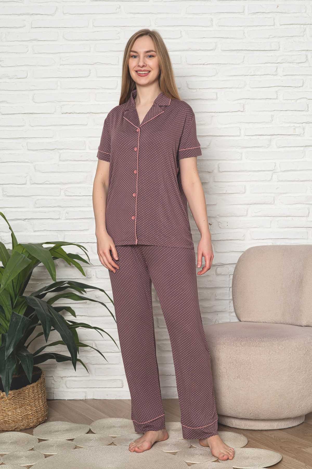 Kadın Pijama Takımı - Gülkurusu Puantiyeli Önden Düğmeli Kısa Kollu Likralı Viskon 2888KY