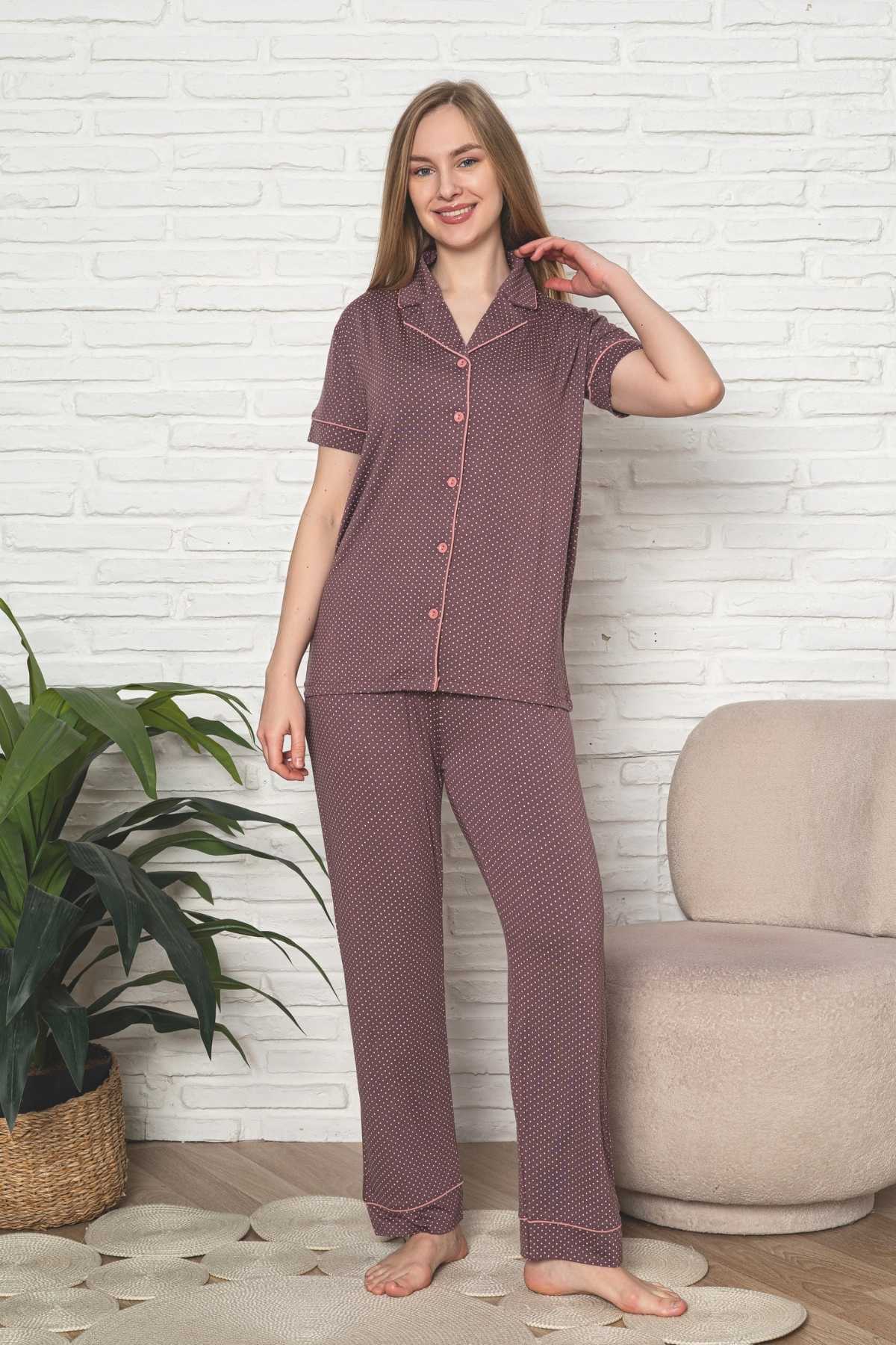 Kadın Pijama Takımı - Gülkurusu Puantiyeli Önden Düğmeli Kısa Kollu Likralı Viskon 2888KY