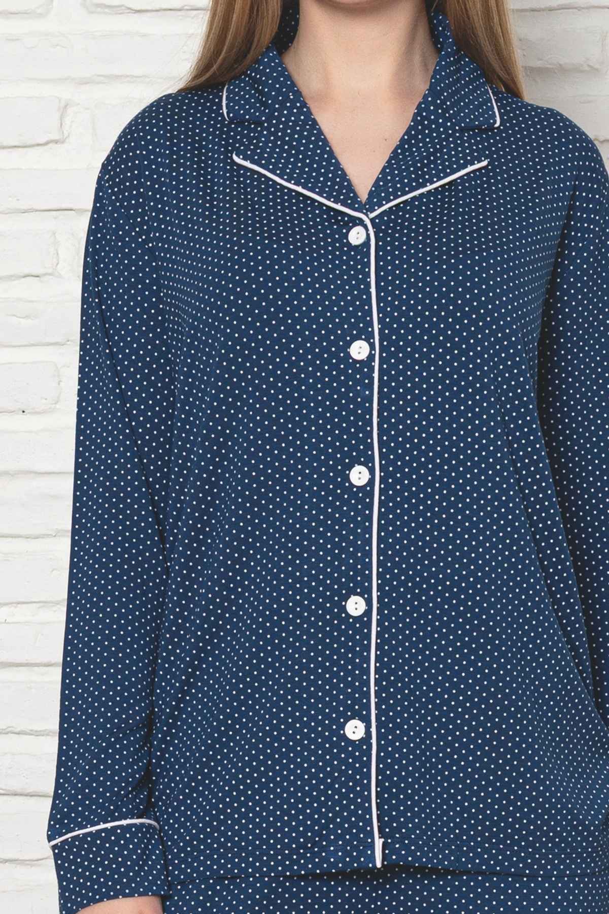 Kadın Pijama Takımı - İndigo Puantiyeli Önden Düğmeli Uzun Kollu Likralı Viskon 2888UY
