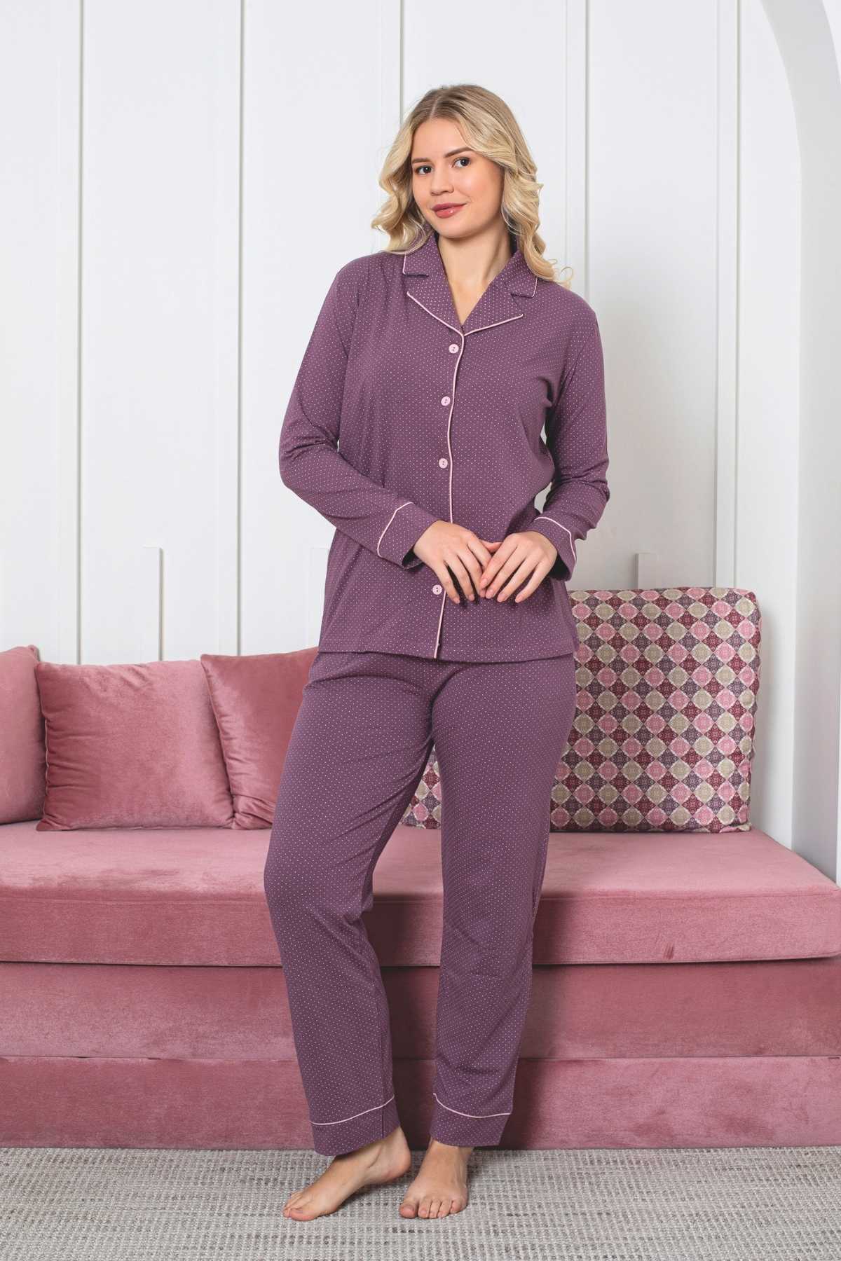 Kadın Pijama Takımı - Gülkurusu Puantiyeli Önden Düğmeli Uzun Kollu Likralı Viskon 2888UY