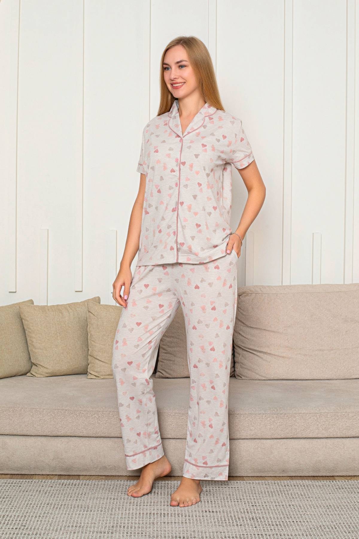 Kalp Desenli Kadın Pijama Takımı - Önden Düğmeli Likralı Kısa Kollu 2868KY