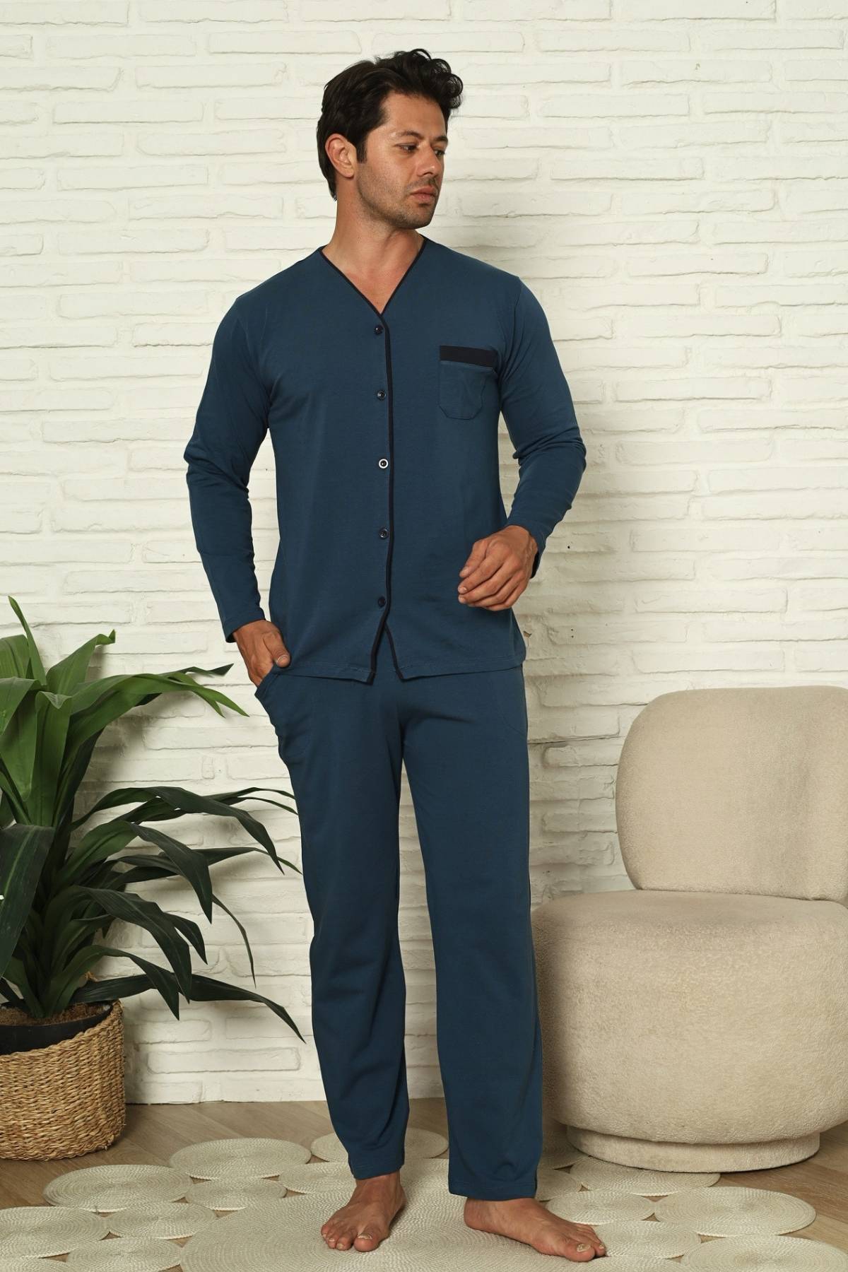 Önden Düğmeli Erkek Pijama Takımı - İndigo Uzun Kol Likralı Pamuk 1230UY