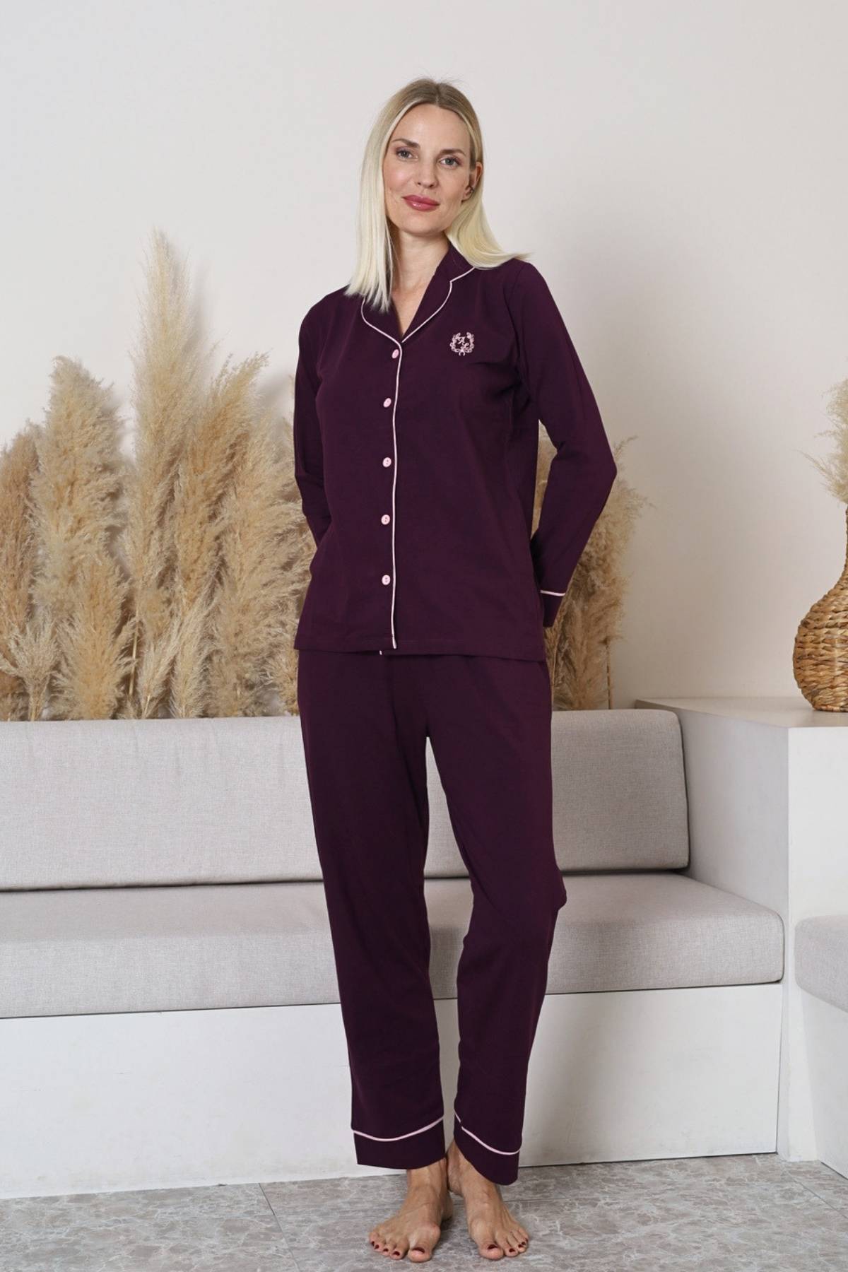 Bayan Pijama Takımı - Mor Önden Düğmeli Uzun Kollu Likralı Penye 2577UY