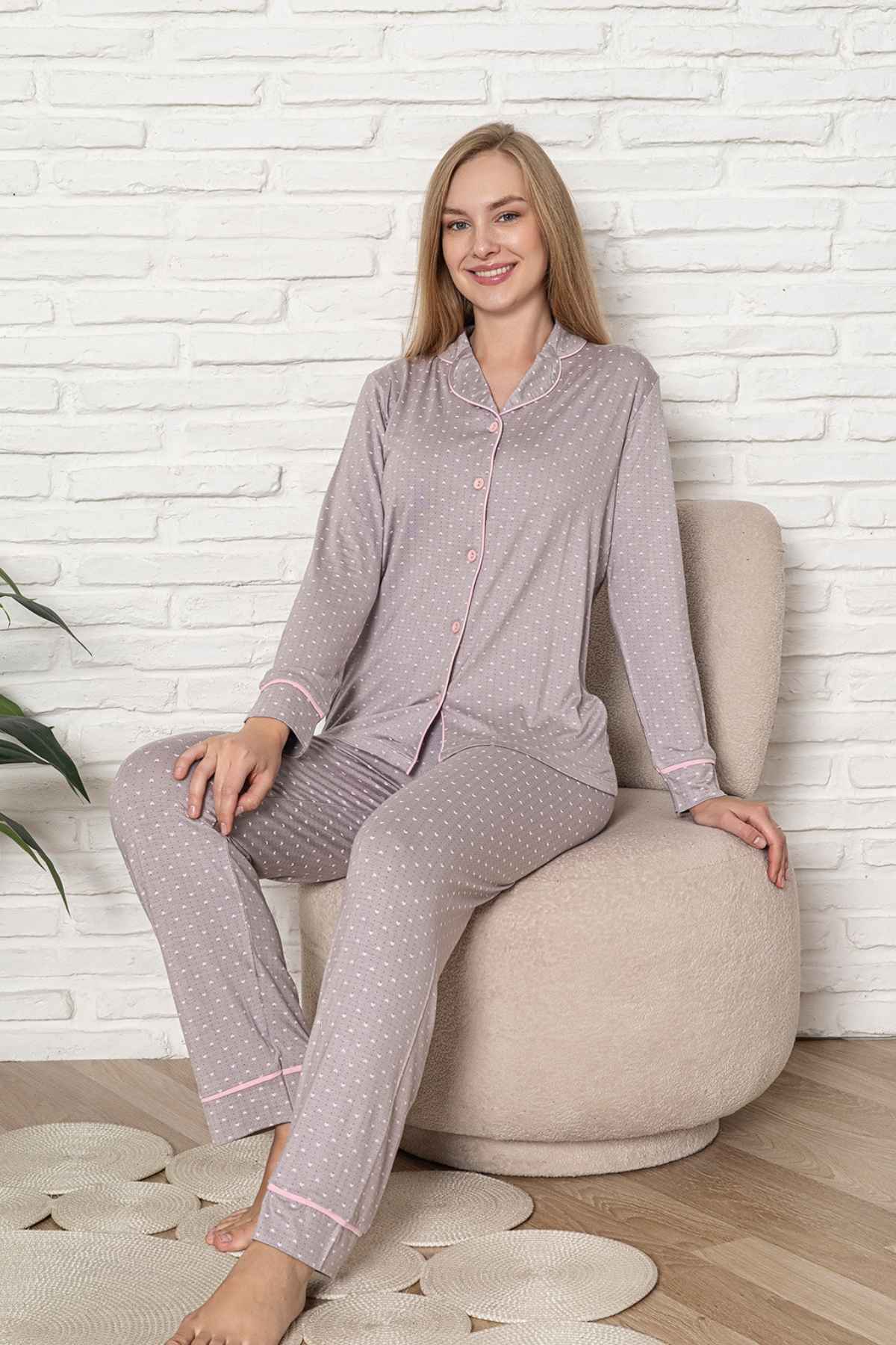 Önden Düğmeli Kadın Pijama Takımı - Kalp Desenli Uzun Kol Likralı Rink Viskon 2920UY