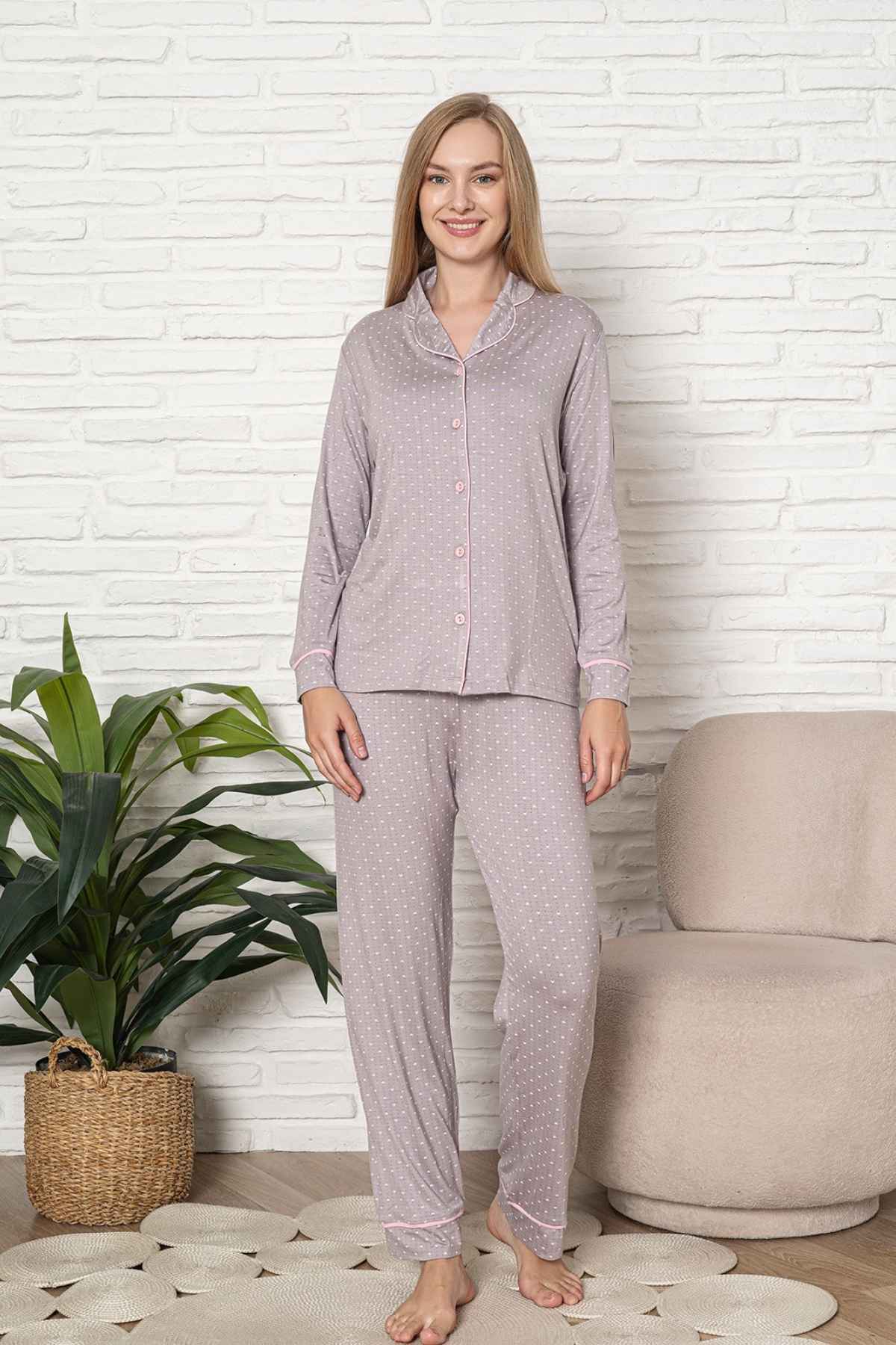 Önden Düğmeli Kadın Pijama Takımı - Kalp Desenli Uzun Kol Likralı Rink Viskon 2920UY
