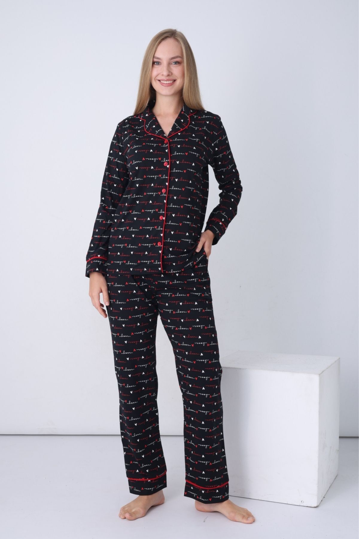 Kadın Pijama Takımı - Siyah Love Önden Düğmeli Uzun Kollu Penye 2926UY