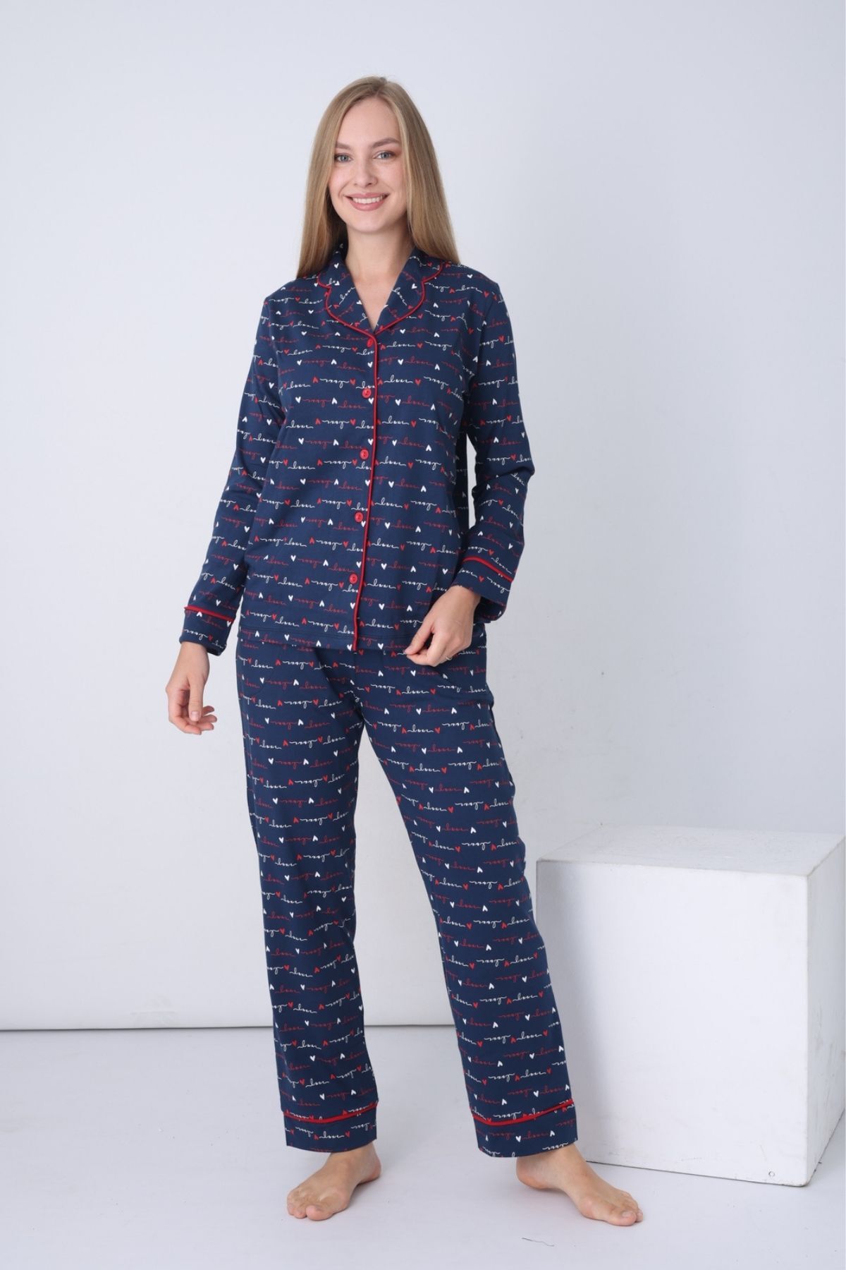 Kadın Pijama Takımı - İndigo Love Önden Düğmeli Uzun Kollu Penye 2926UY