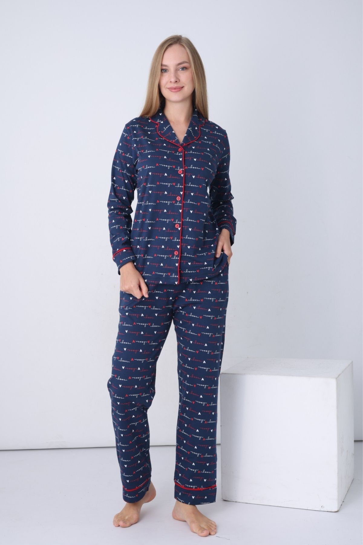 Kadın Pijama Takımı - İndigo Love Önden Düğmeli Uzun Kollu Penye 2926UY