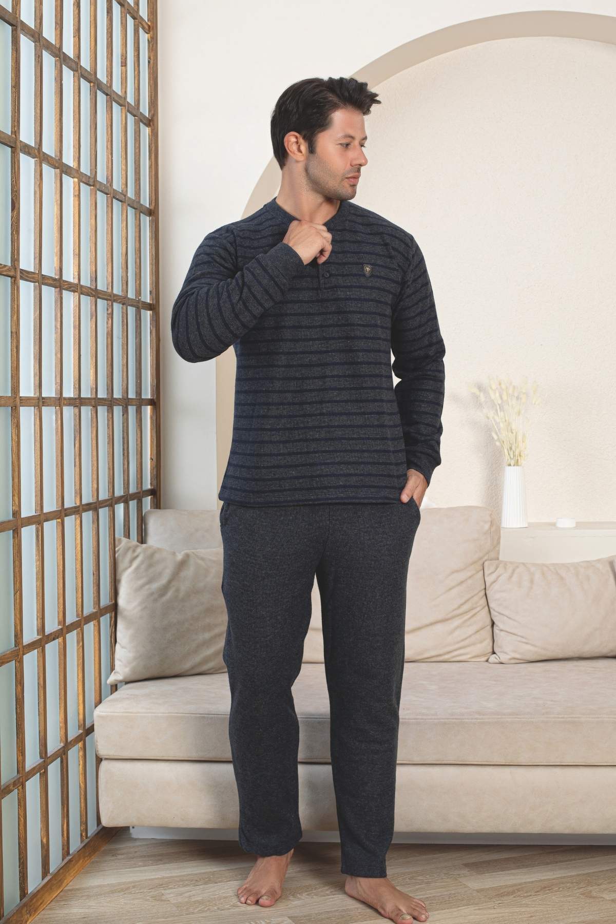 Erkek Eşofman Pijama Takımı - Lacivert Kışlık Şardonlu Selanik Kumaş 1220UK