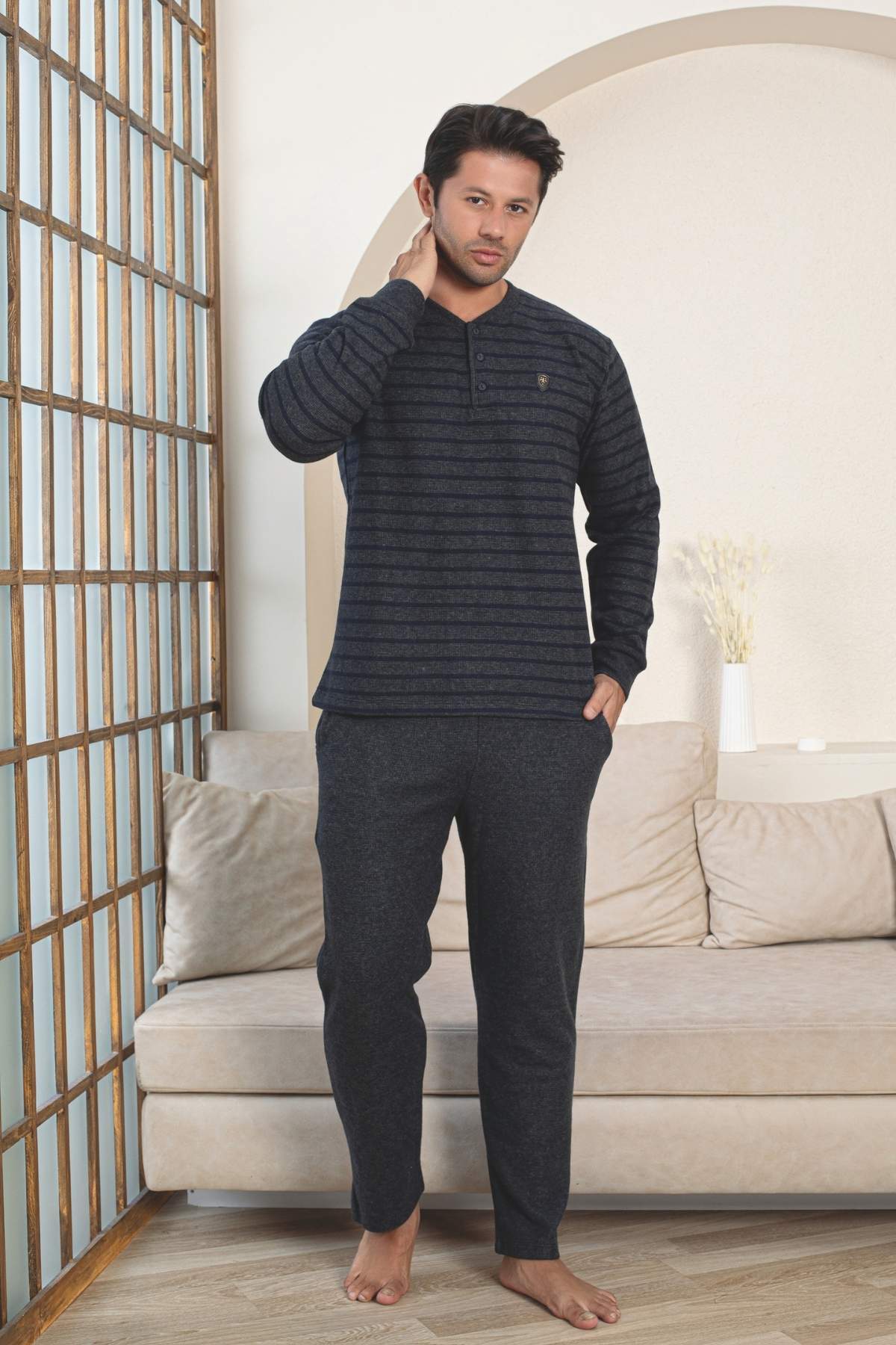 Erkek Eşofman Pijama Takımı - Lacivert Kışlık Şardonlu Selanik Kumaş 1220UK