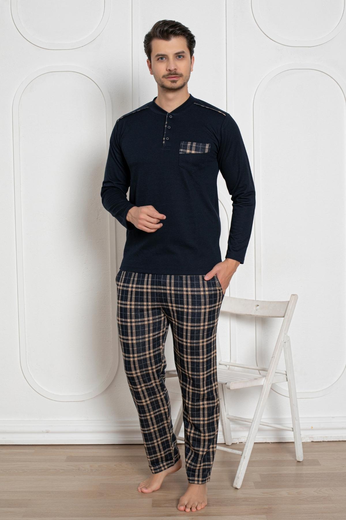 Erkek Pijama Takımı - Lacivert Kışlık Şardonlu Jakarlı Kumaş 1211UK