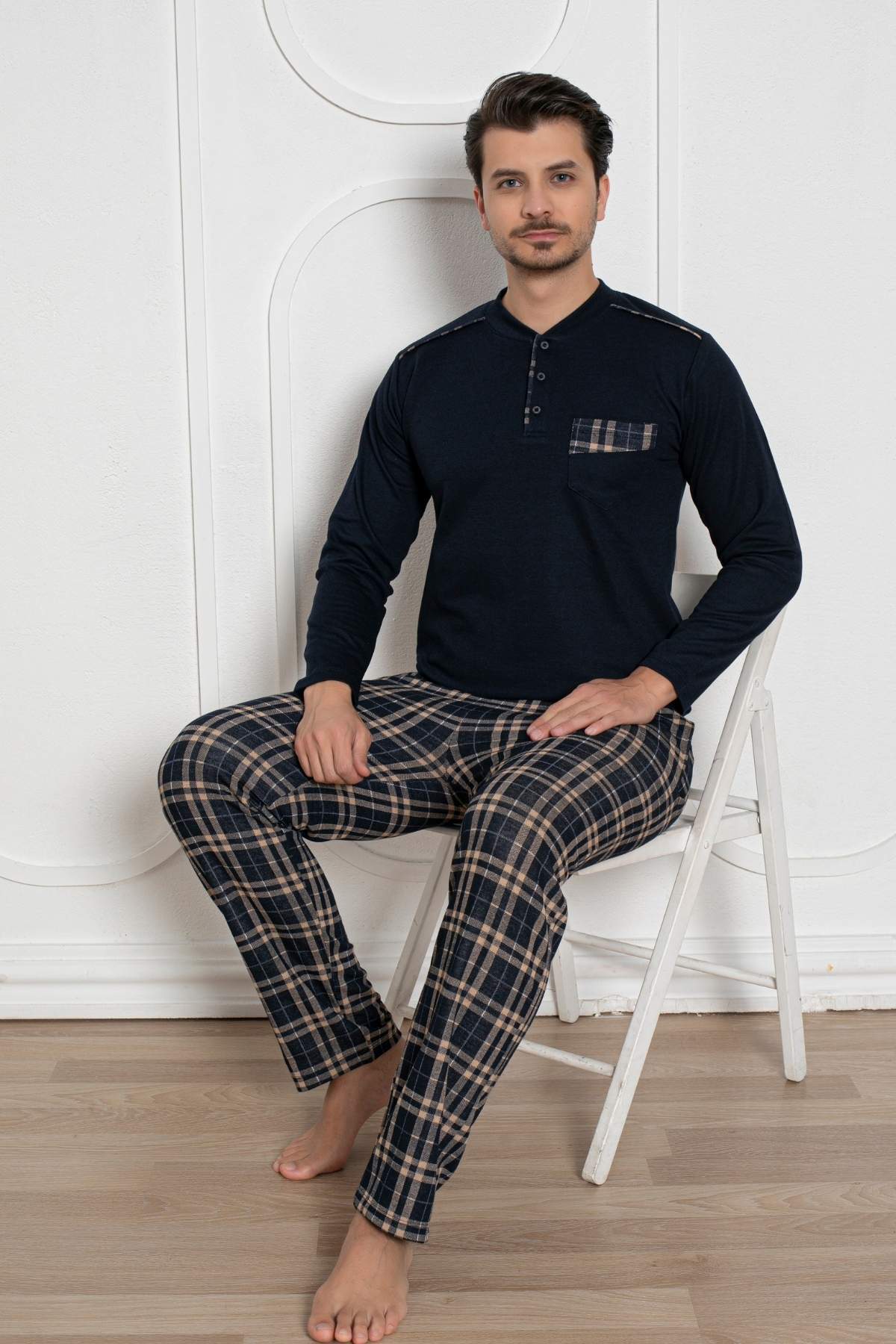 Erkek Pijama Takımı - Lacivert Kışlık Şardonlu Jakarlı Kumaş 1211UK